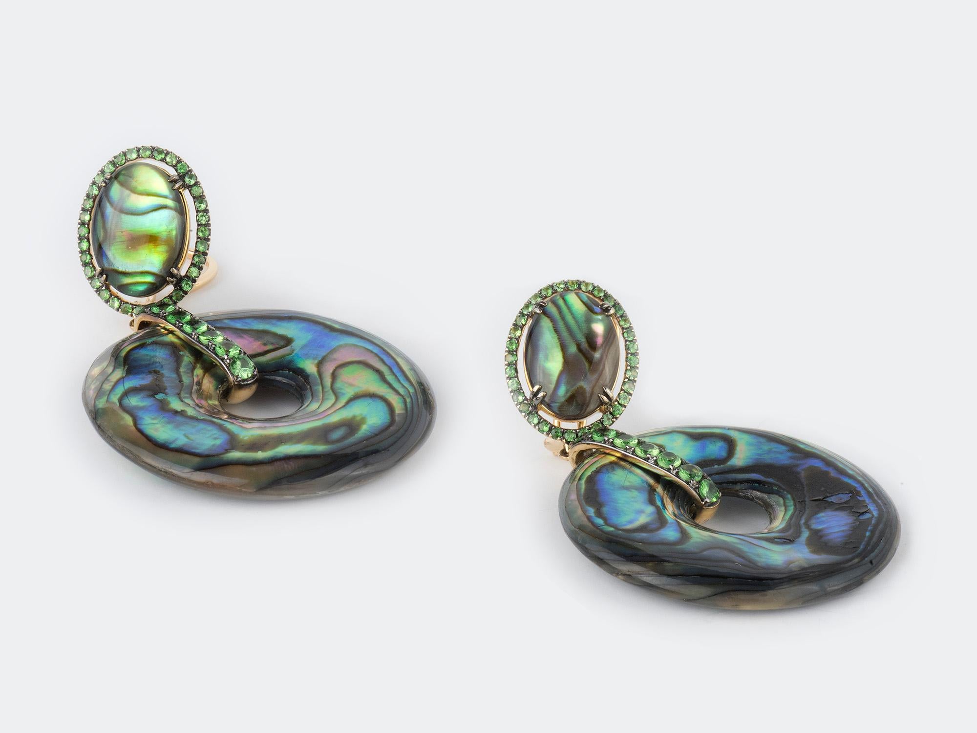 18k Abalone shell ear pendants set in tsavorite garnet bezels. Signed: 750 GOSHWARA.