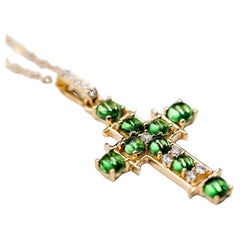 Tsavorite Garnet and Diamond Cross Pendant Necklace 18K Yellow Gold