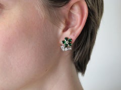 Tsavorite Garnet Flower, Diamond Baguette, 18k Gold French Clip Post Earrings