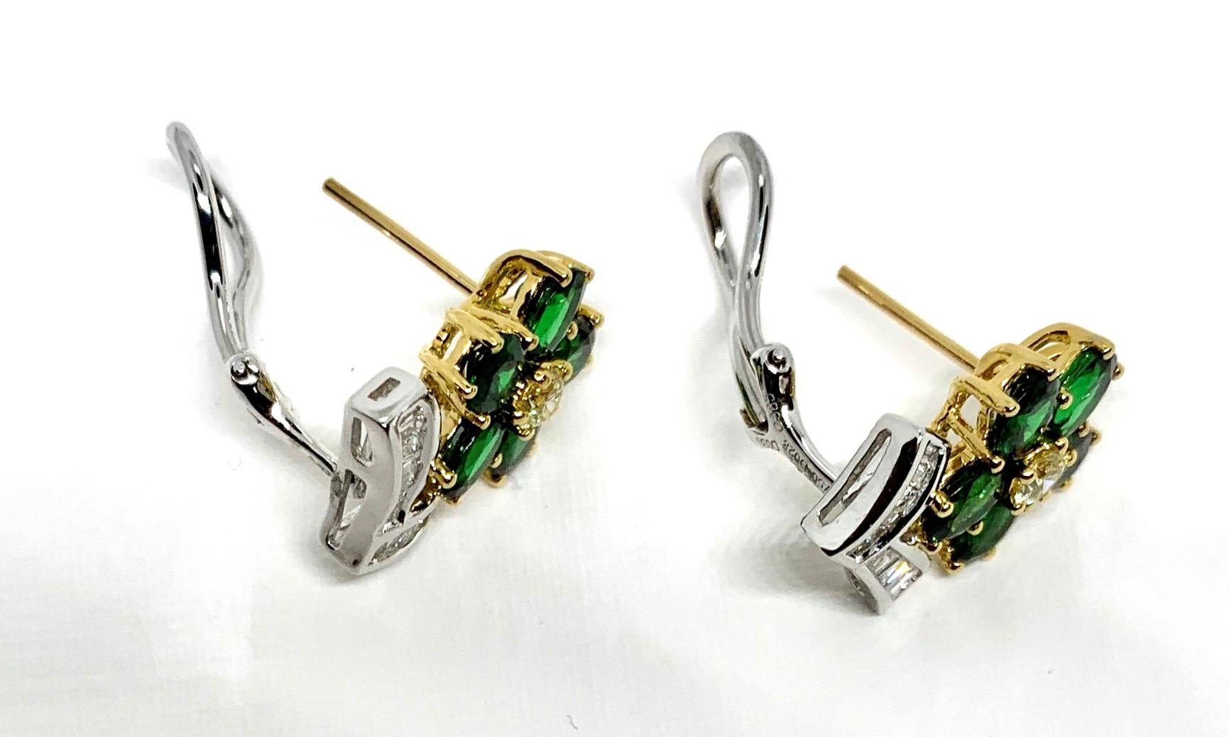 Tsavorite Garnet Flower, Diamond Baguette, 18k Gold French Clip Post Earrings In New Condition In Los Angeles, CA