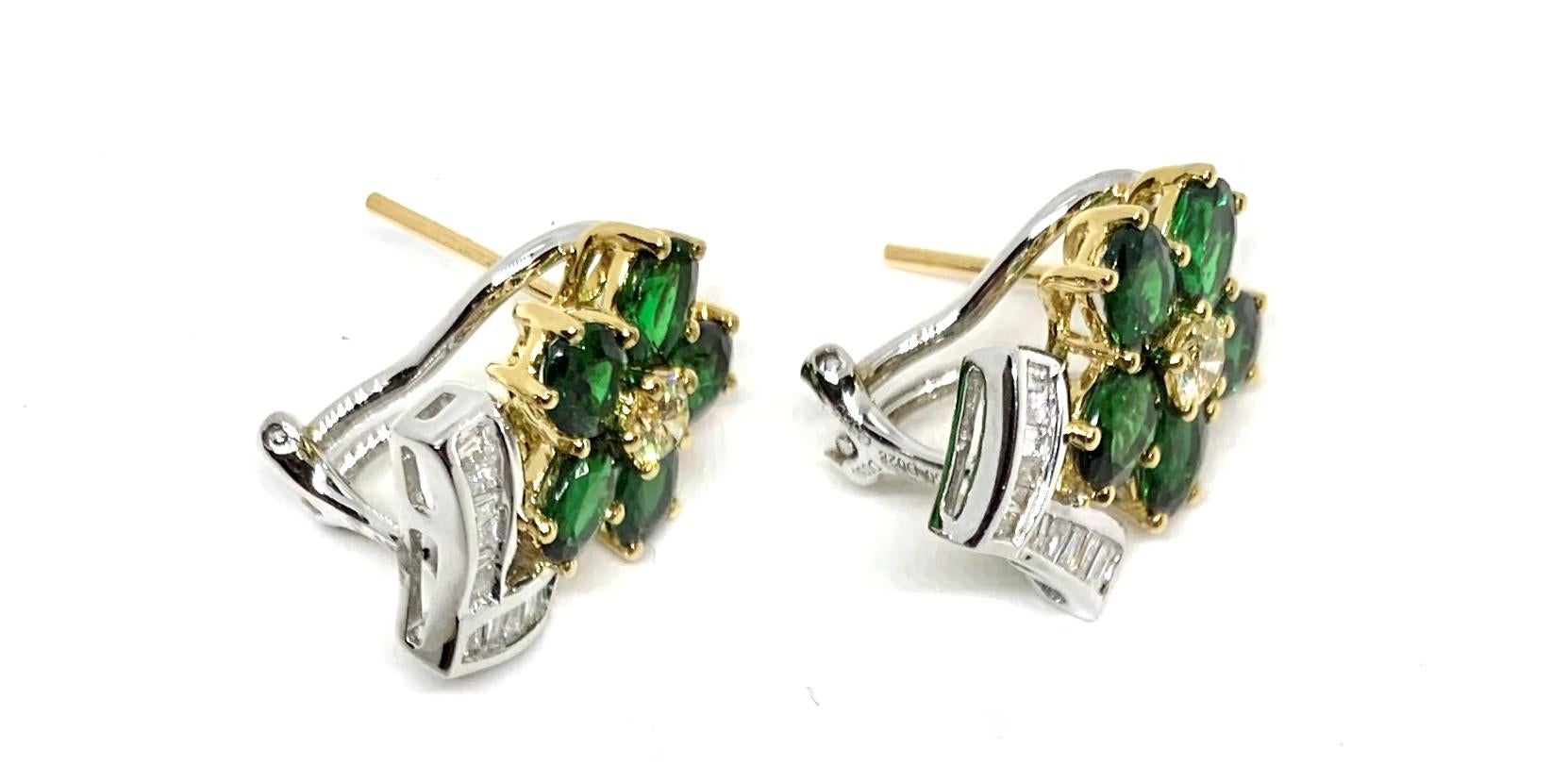 Tsavorite Garnet Flower, Diamond Baguette, 18k Gold French Clip Post Earrings 1