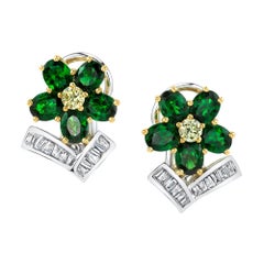 Tsavorite Garnet Flower, Diamond Baguette, 18k Gold French Clip Post Earrings