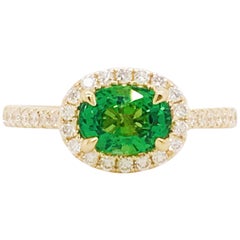 Tsavorite Garnet and Diamond Halo Ring 1.75 Carat 14 Karat Yellow Gold Ring