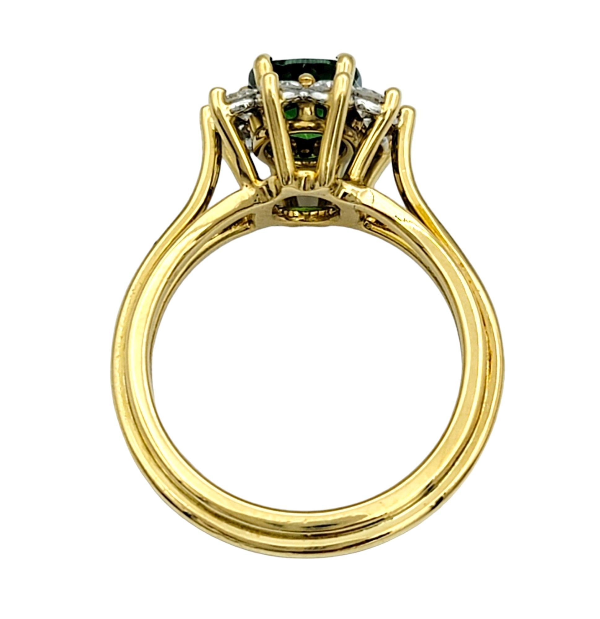 Tsavorite Garnet and Diamond Halo Ring with Split Shank in 18 Karat Yellow Gold In Good Condition For Sale In Scottsdale, AZ