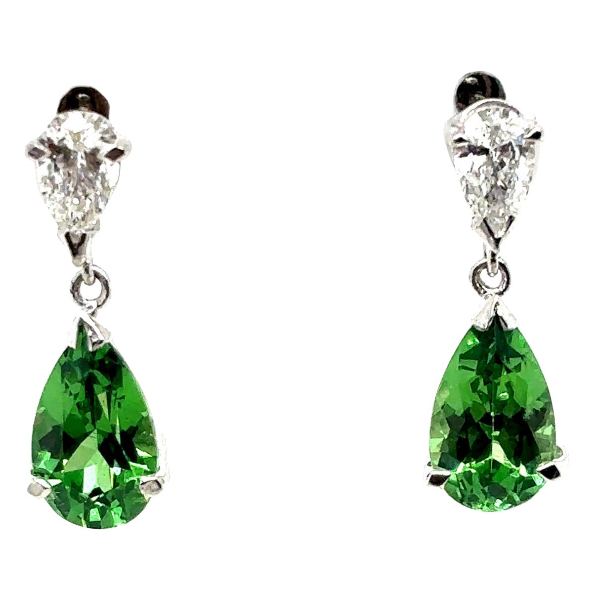 Pendientes Gota Granate Tsavorita y Diamante Pera sobre Pera Oro Blanco 18 Kilates en venta