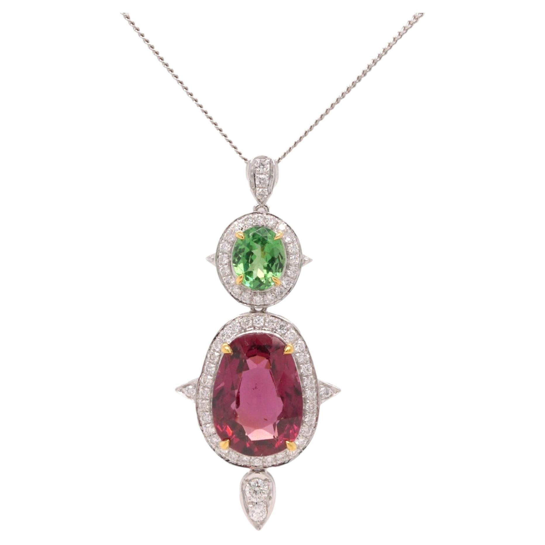 Tsavorite, Garnet and Diamond Platinum Pendant Necklace - Fei LIu