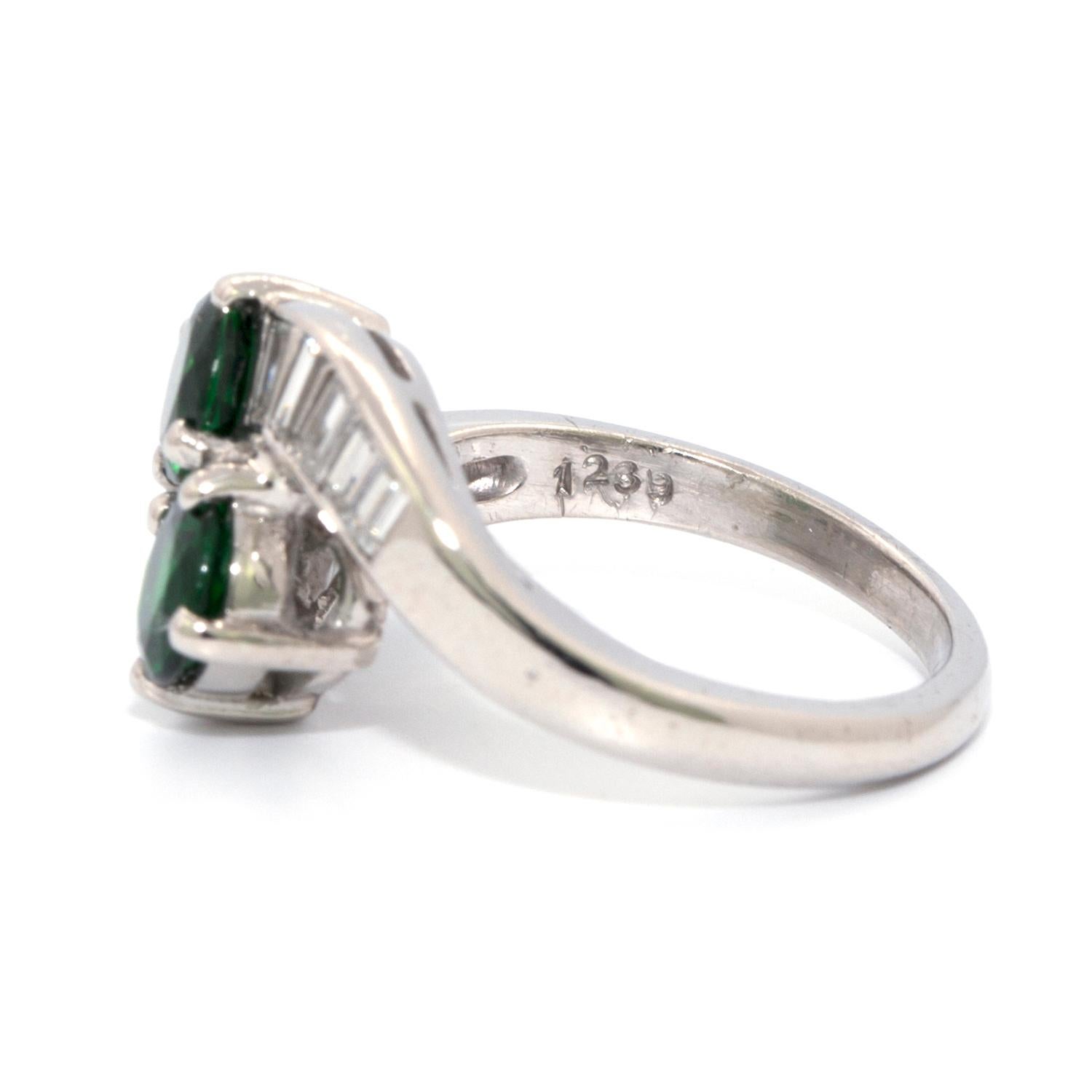 Round Cut Tsavorite Garnet and Diamond Ring That Features 2 Round Tsavorite Garnets  For Sale