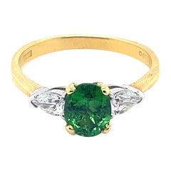 Tsavorite Garnet and Diamond Three Stone 18 Karat Yellow Gold Ring