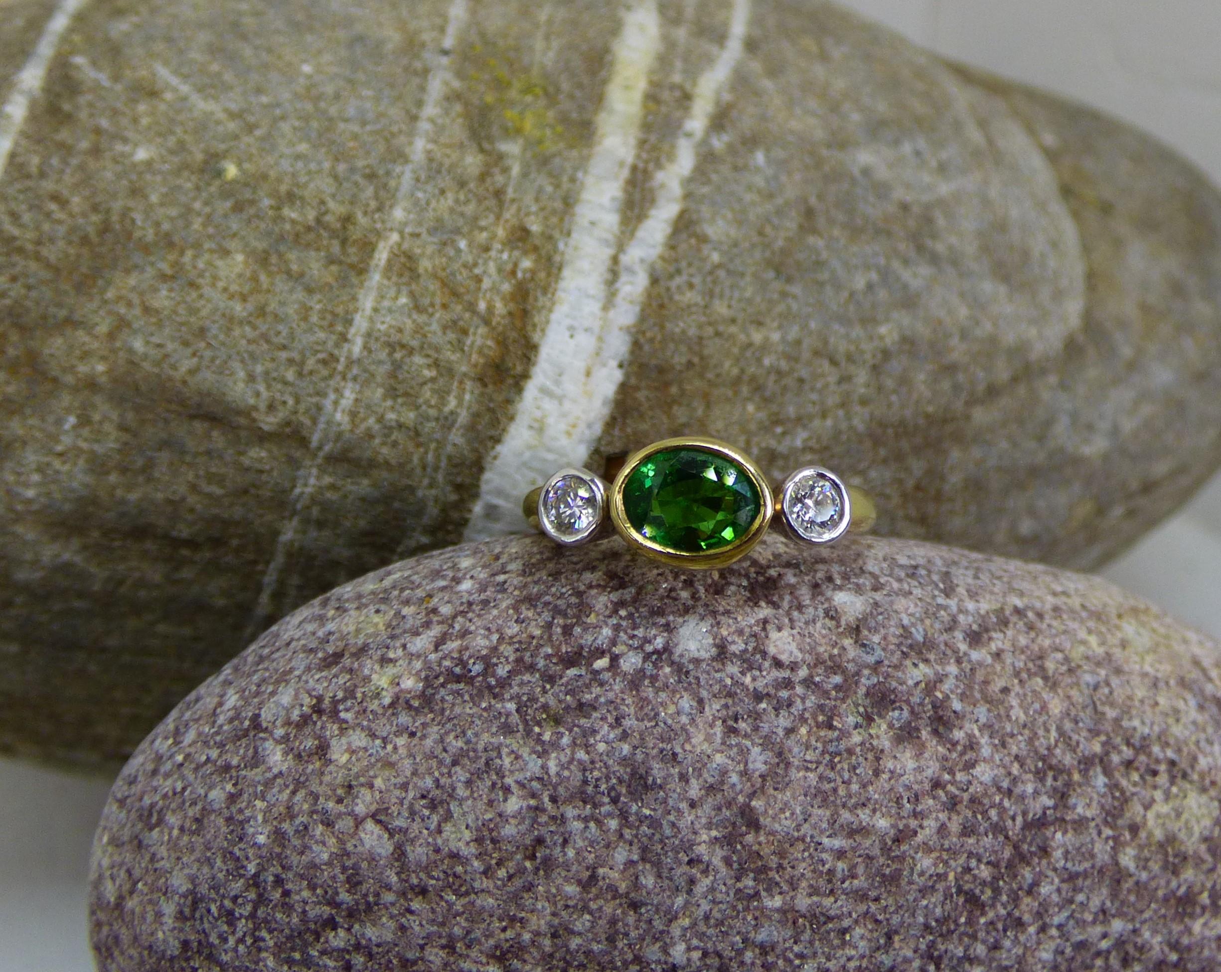 Tsavorite Garnet and Diamond Three Stone Ring in 18K Gold For Sale 1