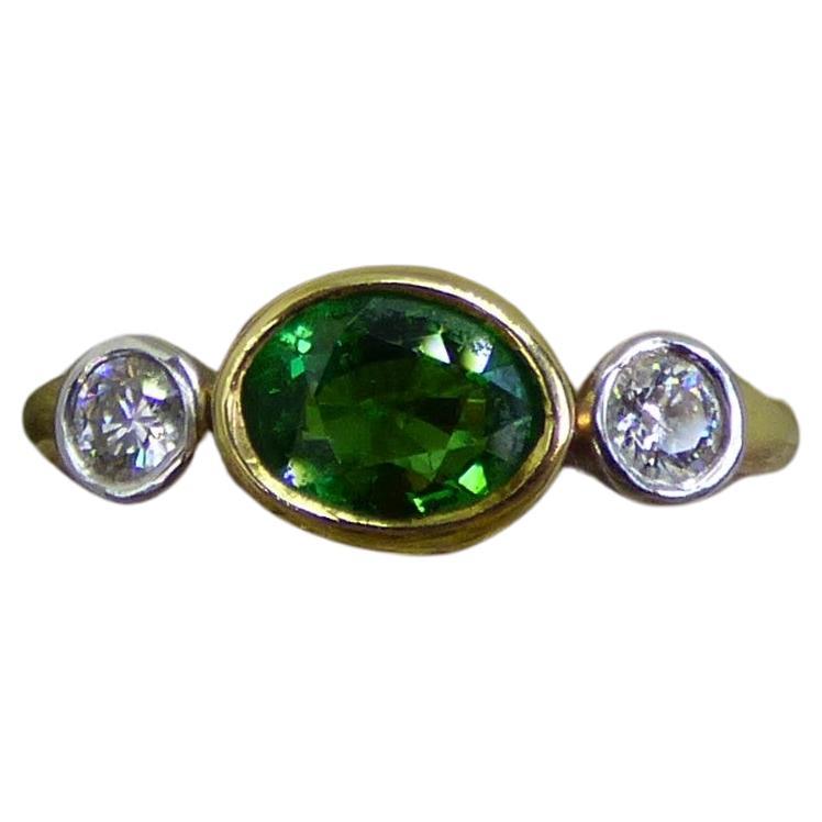 Tsavorite Garnet and Diamond Three Stone Ring in 18K Gold For Sale
