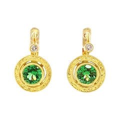 Tsavorite Garnet and Diamond Yellow Gold Round Drop Lever-Back Earrings