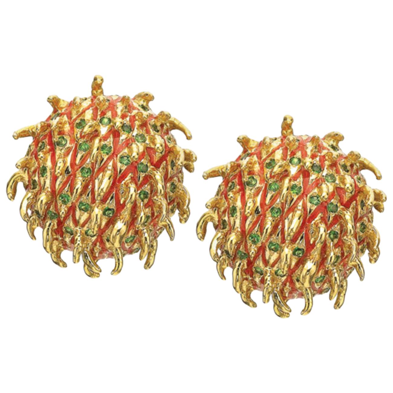 Tsavorite Garnet and Enamel Rambutans in 18 Karat Gold by Andrew Glassford