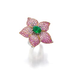 Tsavorite Garnet and Pink Sapphires Flower Ring in 18k Two-Tone Gold sz 6 5/8