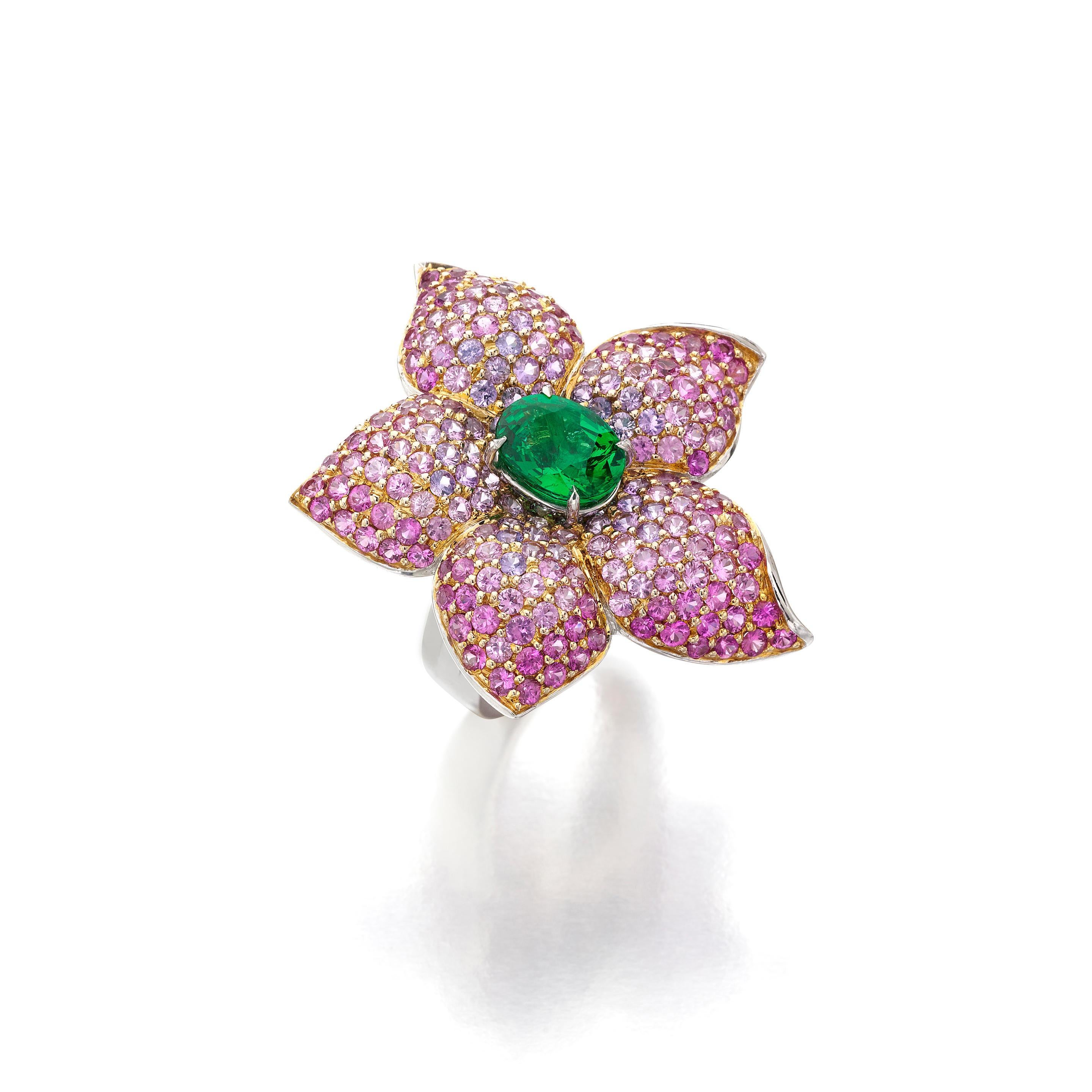 Women's or Men's Tsavorite Garnet and Pink Sapphires Flower Ring in 18k Two-Tone Gold sz 6 5/8 For Sale