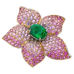 Tsavorite Garnet and Pink Sapphires Flower Ring in 18k Two-Tone Gold sz 6 5/8