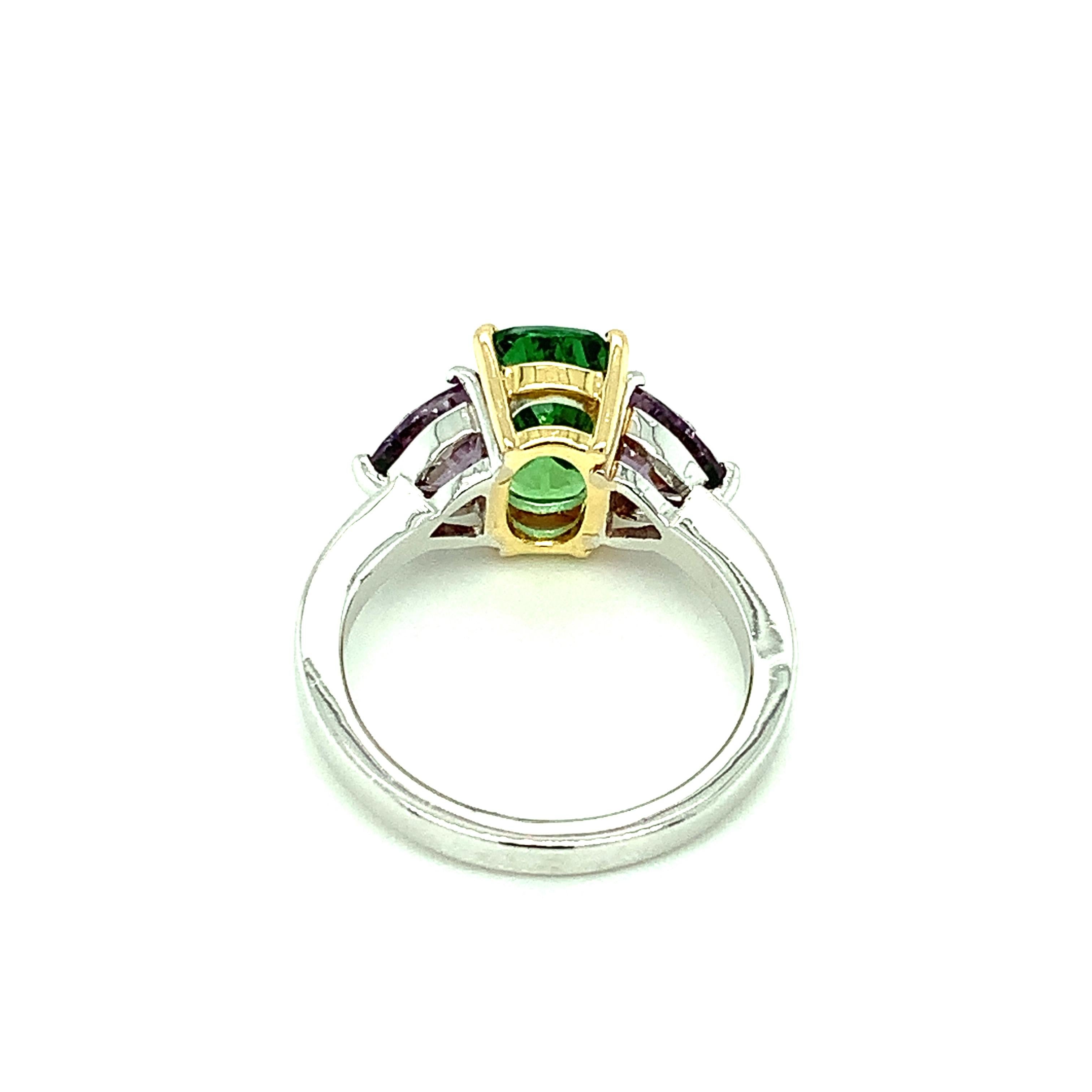 Artisan Tsavorite Garnet and Purple Spinel Three-Stone Engagement Ring in 18k Gold For Sale