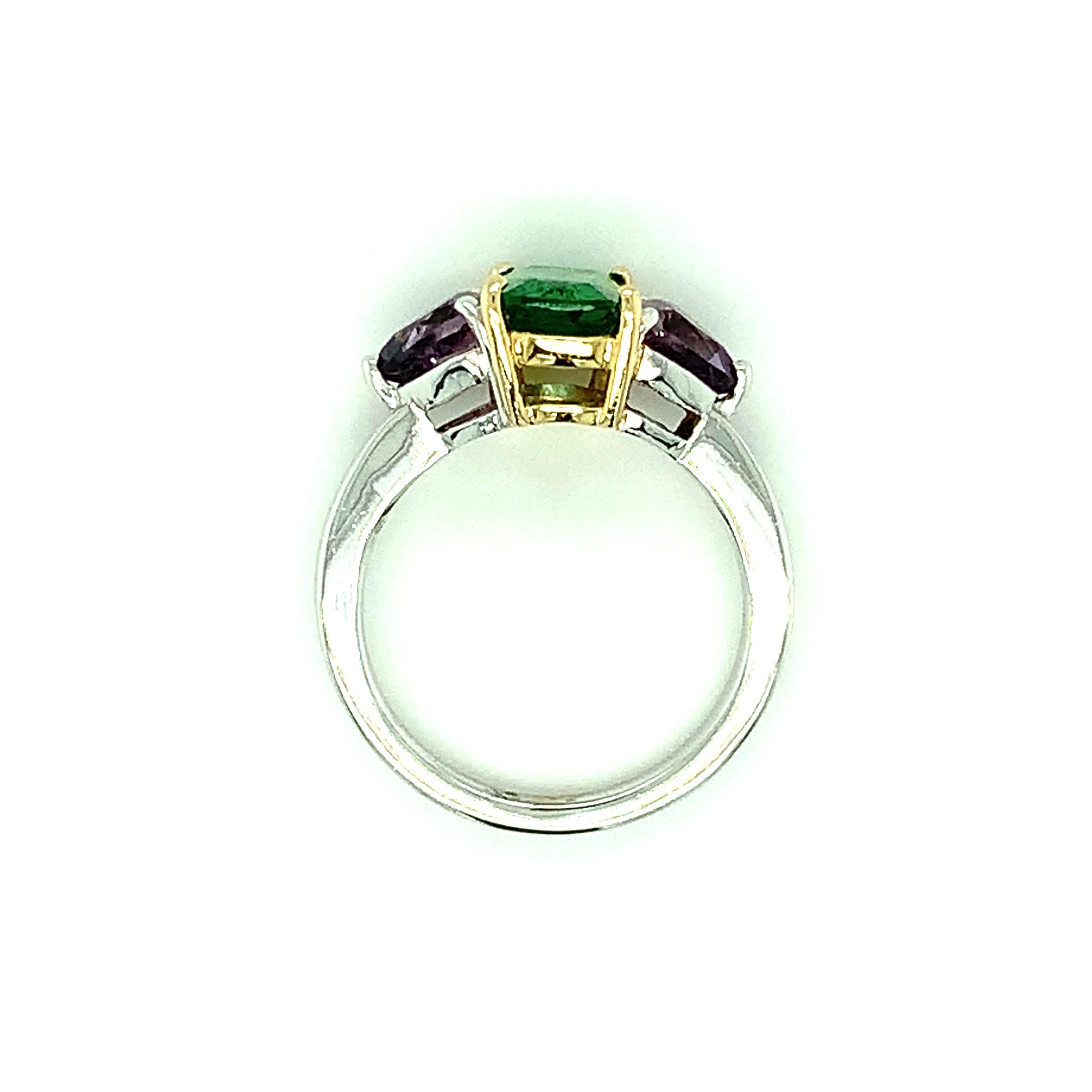 Cushion Cut Tsavorite Garnet and Purple Spinel Three-Stone Engagement Ring in 18k Gold For Sale