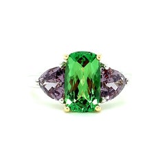 Tsavorite Garnet and Purple Spinel Three-Stone Engagement Ring in 18k Gold