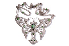 Tsavorite Garnet and Rose Cut Diamond Butterfly Pendant in 18 Karat White Gold