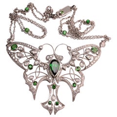 Tsavorite Garnet and Rose Cut Diamond Butterfly Pendant in 18 Karat White Gold