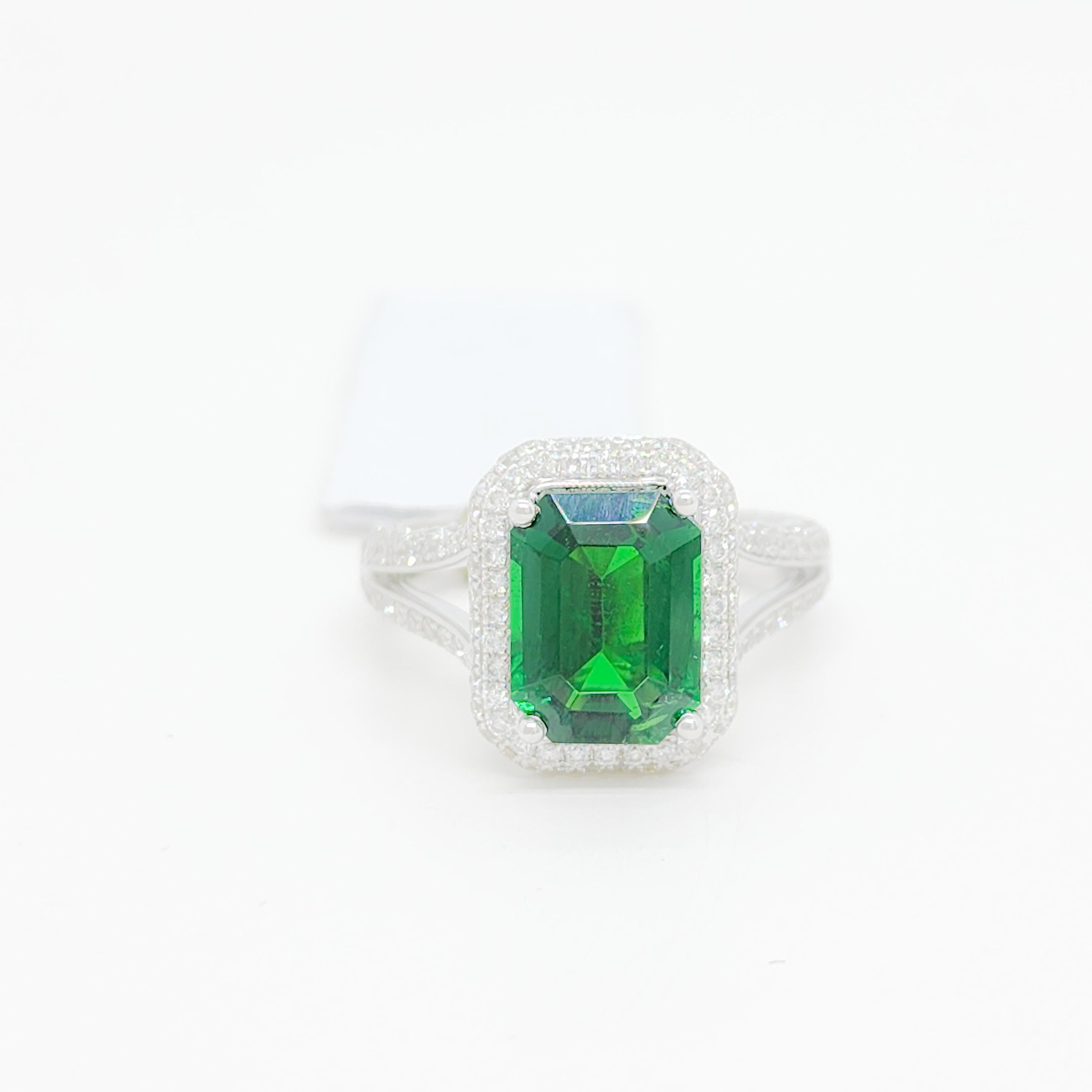 Emerald Cut Tsavorite Garnet and White Diamond Cocktail Ring in 18k White Gold For Sale