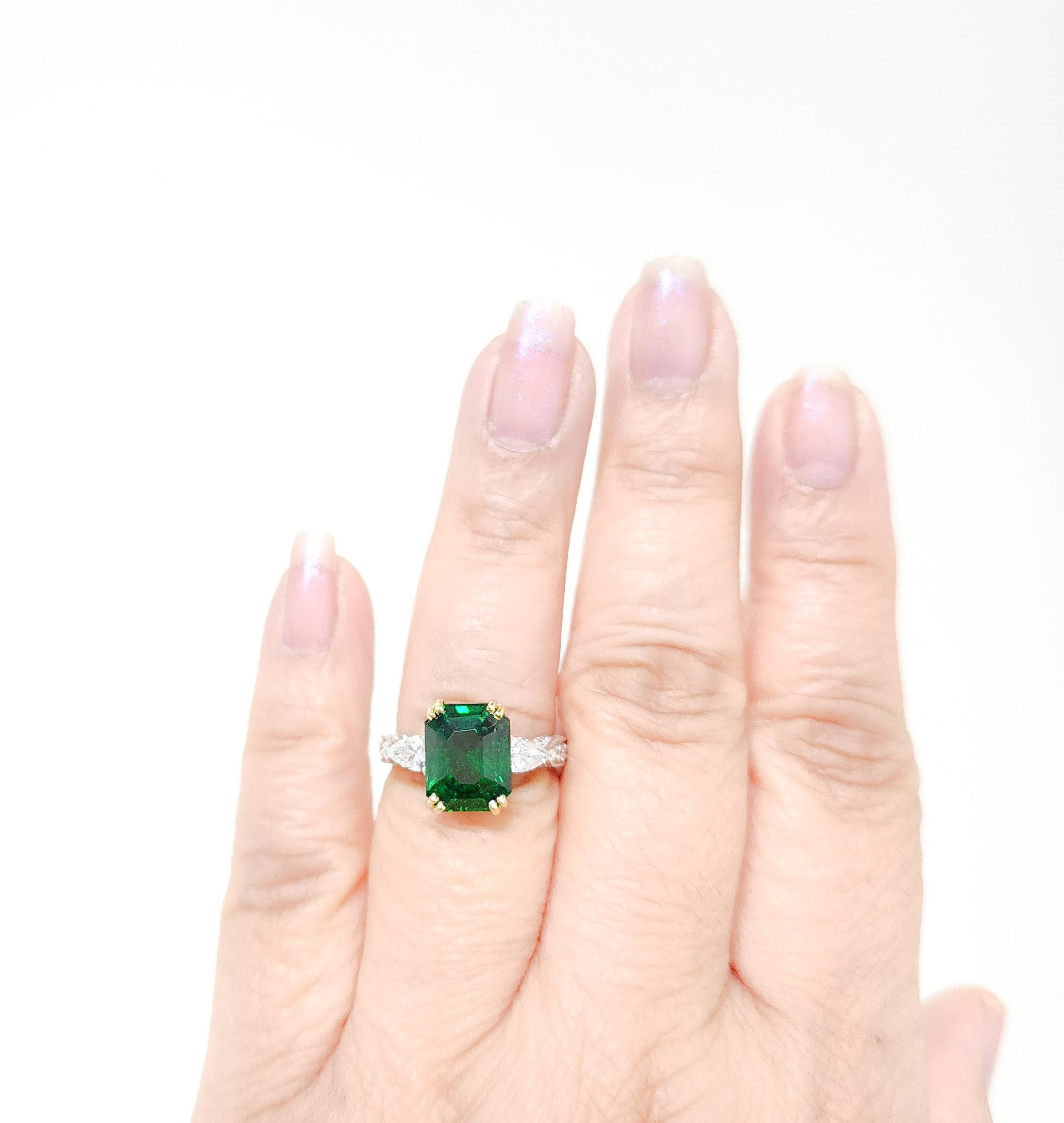 Octagon Cut Tsavorite Garnet and White Diamond Ring in 18k White and Yellow Gold For Sale