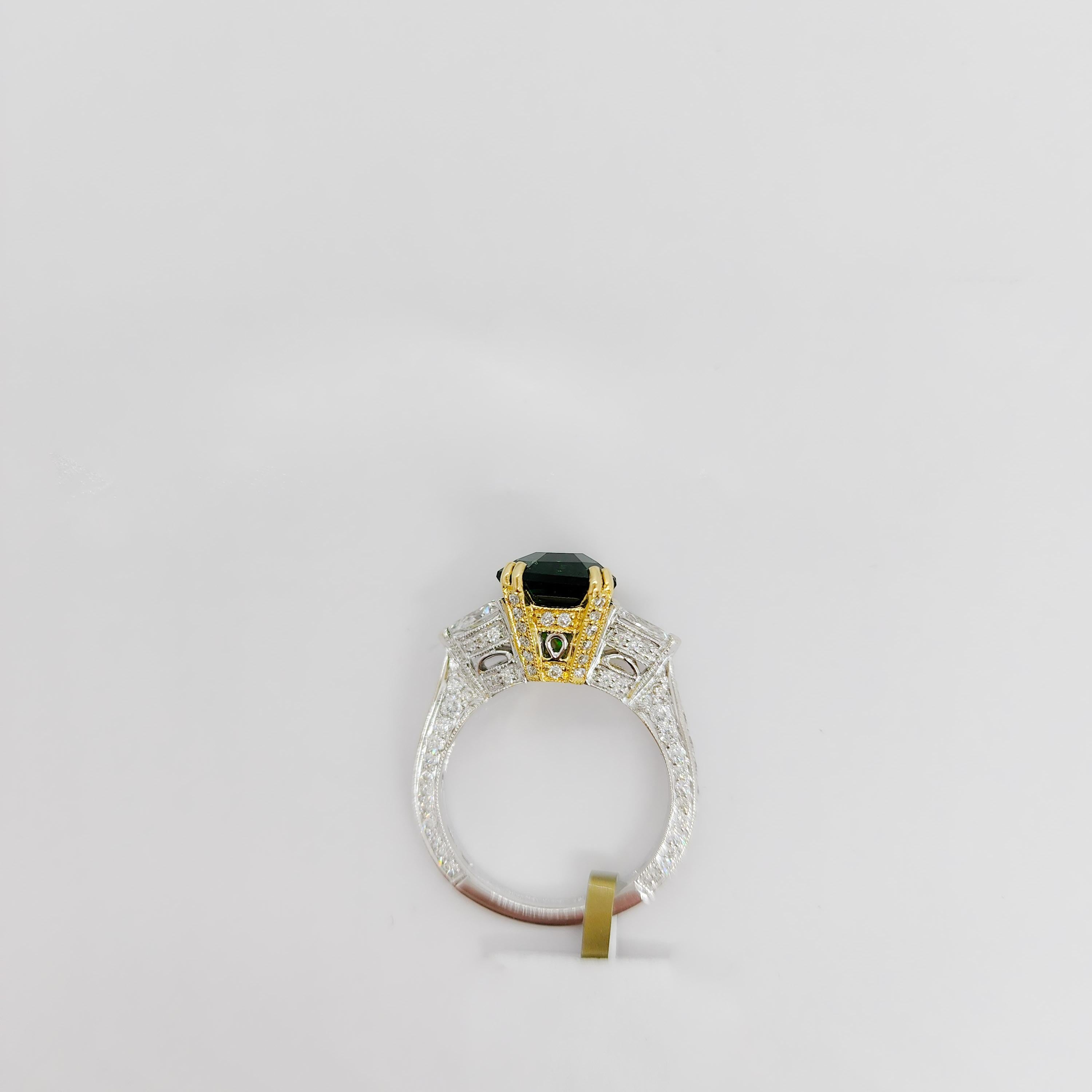 Women's or Men's Tsavorite Garnet and White Diamond Ring in 18k White and Yellow Gold For Sale