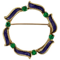 Tsavorite Garnet Brooch with Blue Enamel 18 Karat Yellow Gold