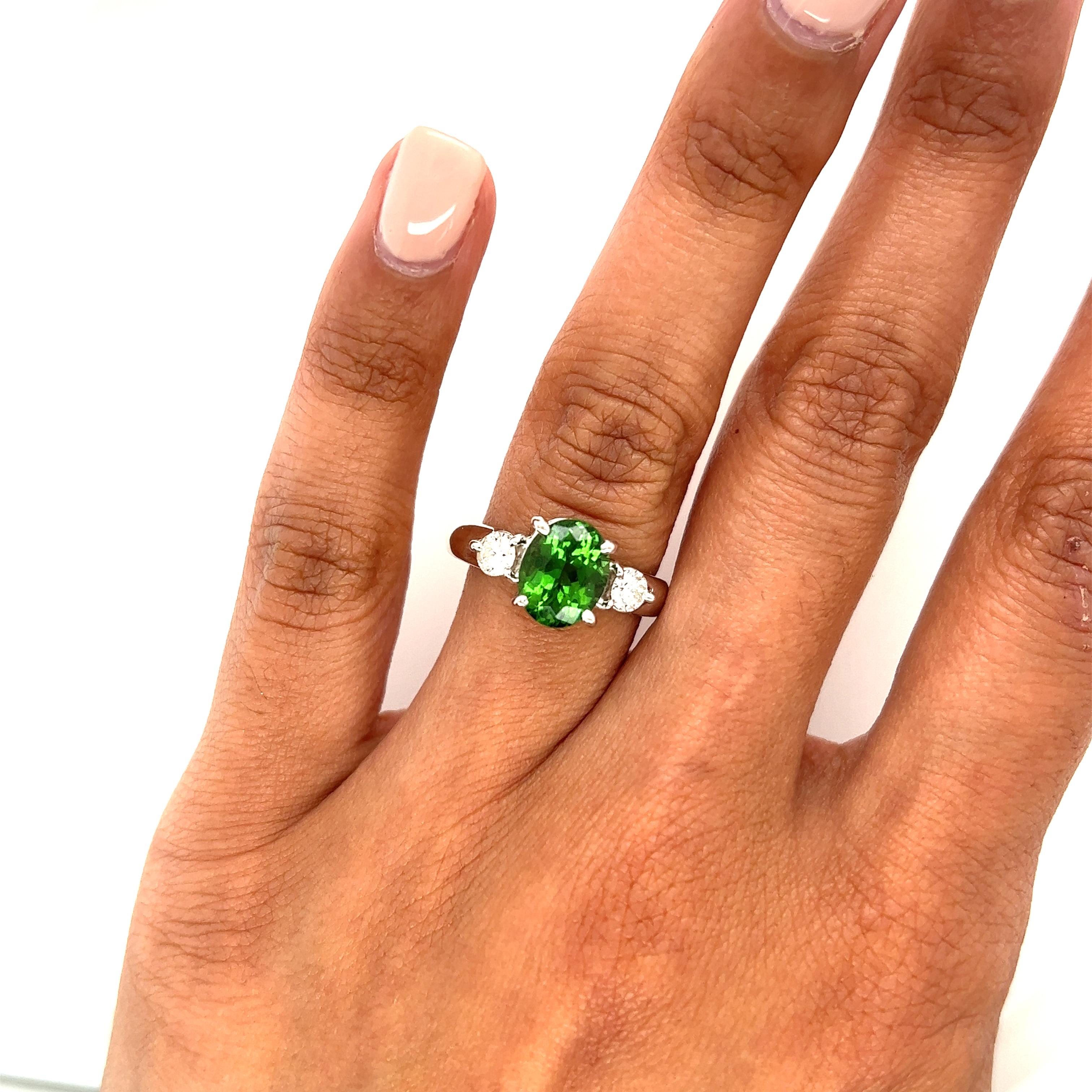 Women's or Men's Tsavorite Garnet & Diamond 3 Stone Engagement Ring in 14k White Gold