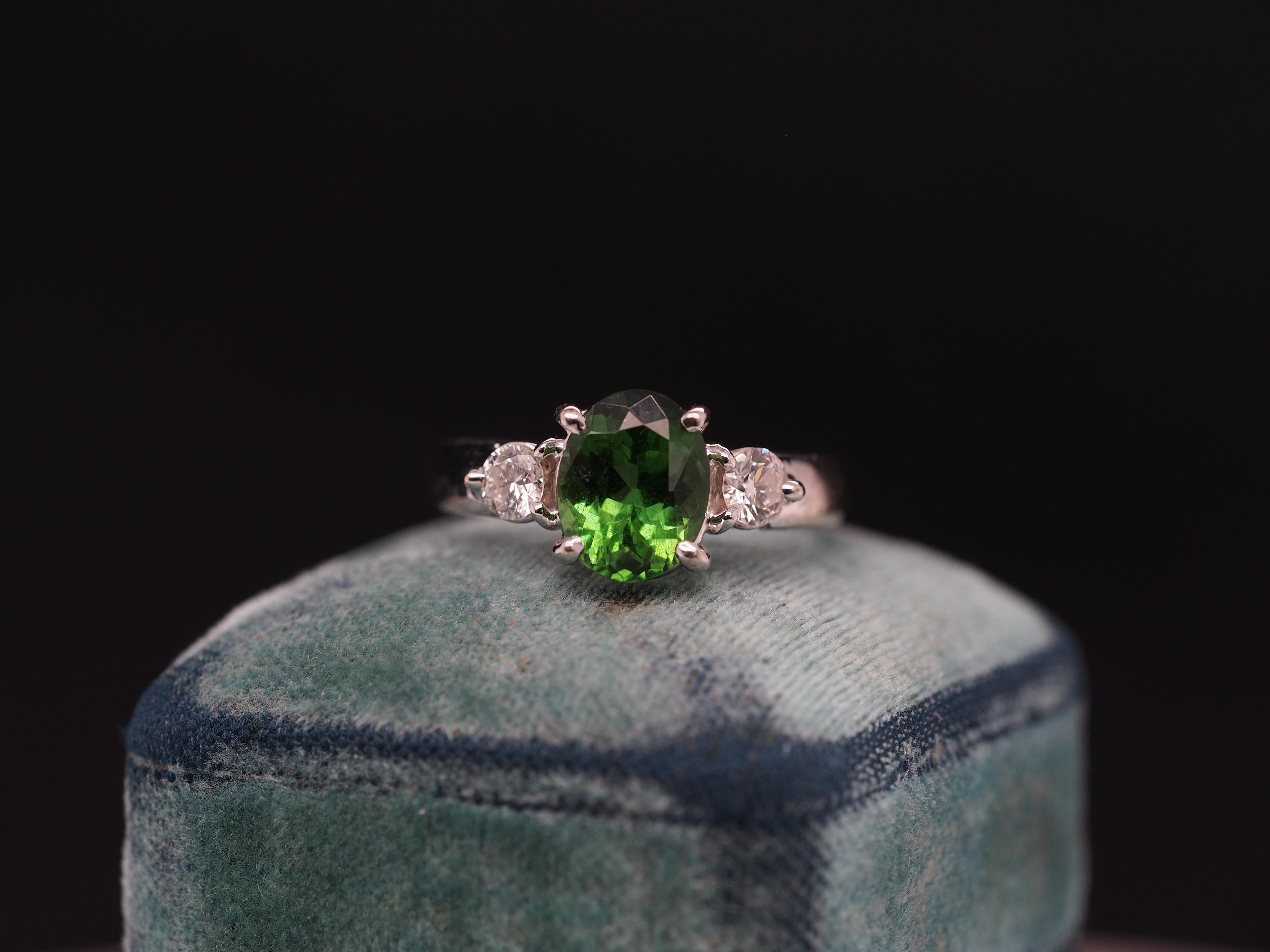 Tsavorite Garnet & Diamond 3 Stone Engagement Ring in 14k White Gold 1