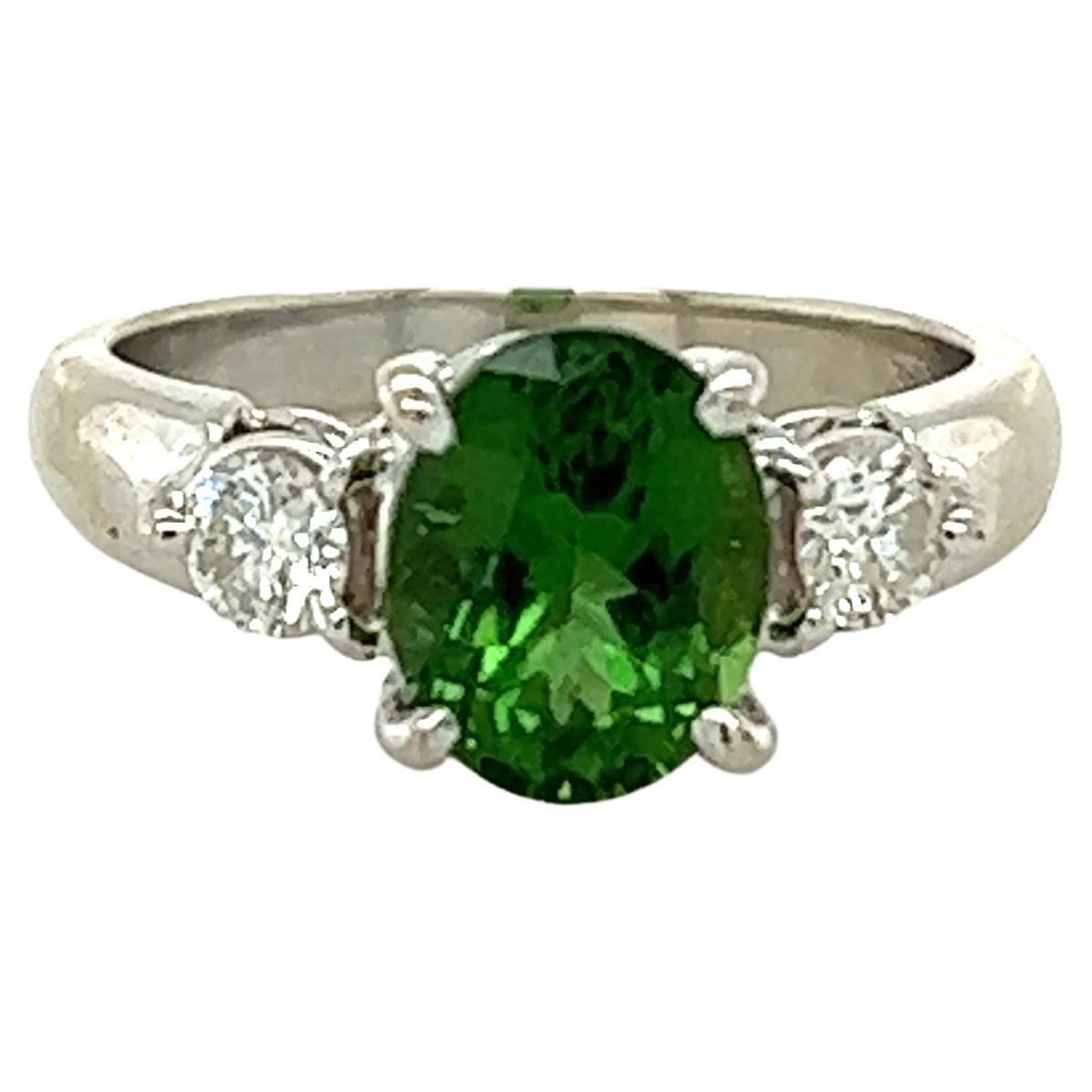 Tsavorite Garnet & Diamond 3 Stone Engagement Ring in 14k White Gold
