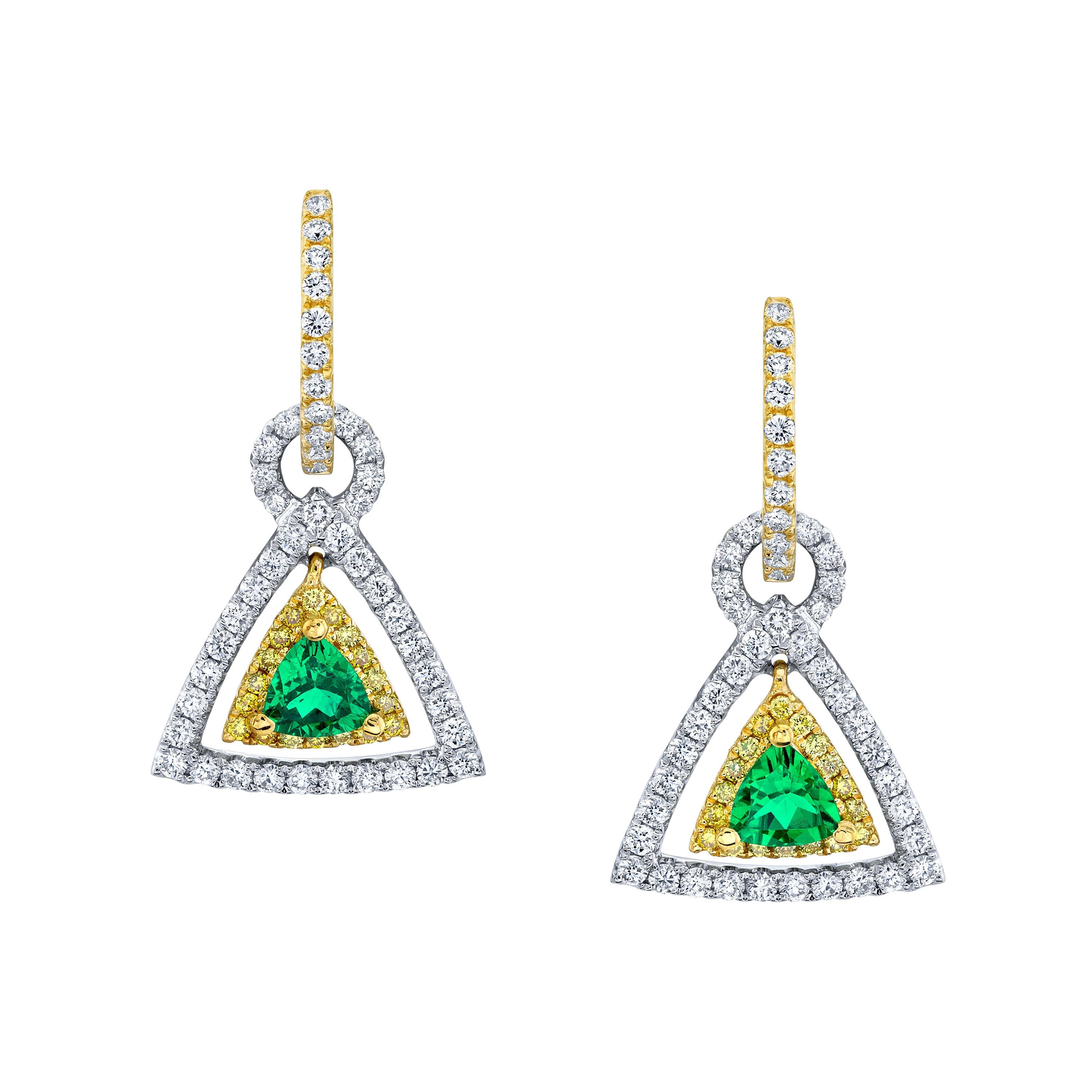 Tsavorite Garnet, Diamond, Yellow Sapphire 18k Gold Triangle Drop Earrings
