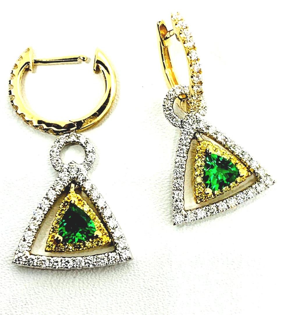 Tsavorite Garnet, Diamond, and Yellow Sapphire Dangle Earrings in 18k Gold   For Sale 4