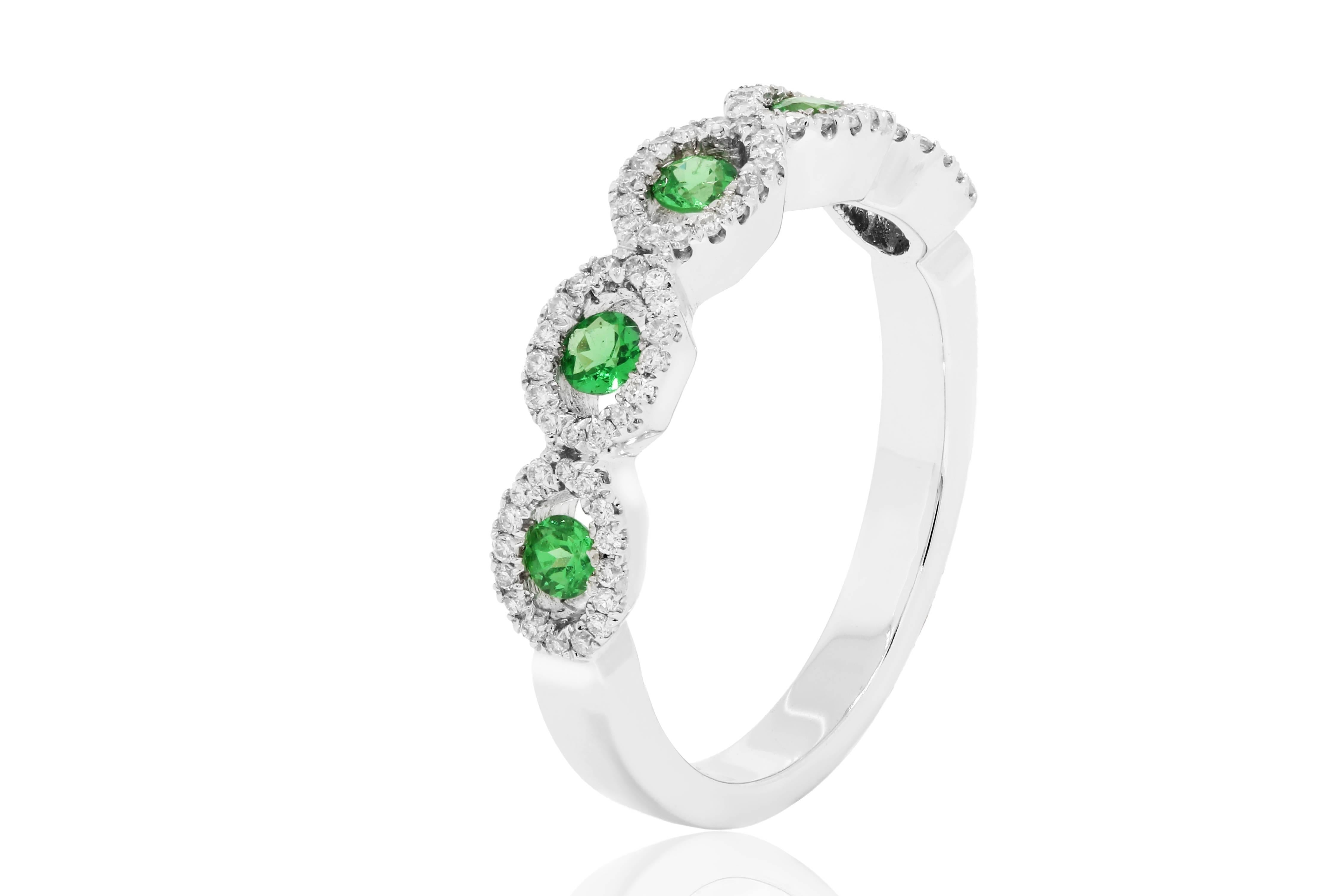 5 Tsavorite Garnet Round 0.33 Carat diamond Round 0.25 carat in 14K White Gold Band Ring. 

Total Stone Weight 0.58 Carat.