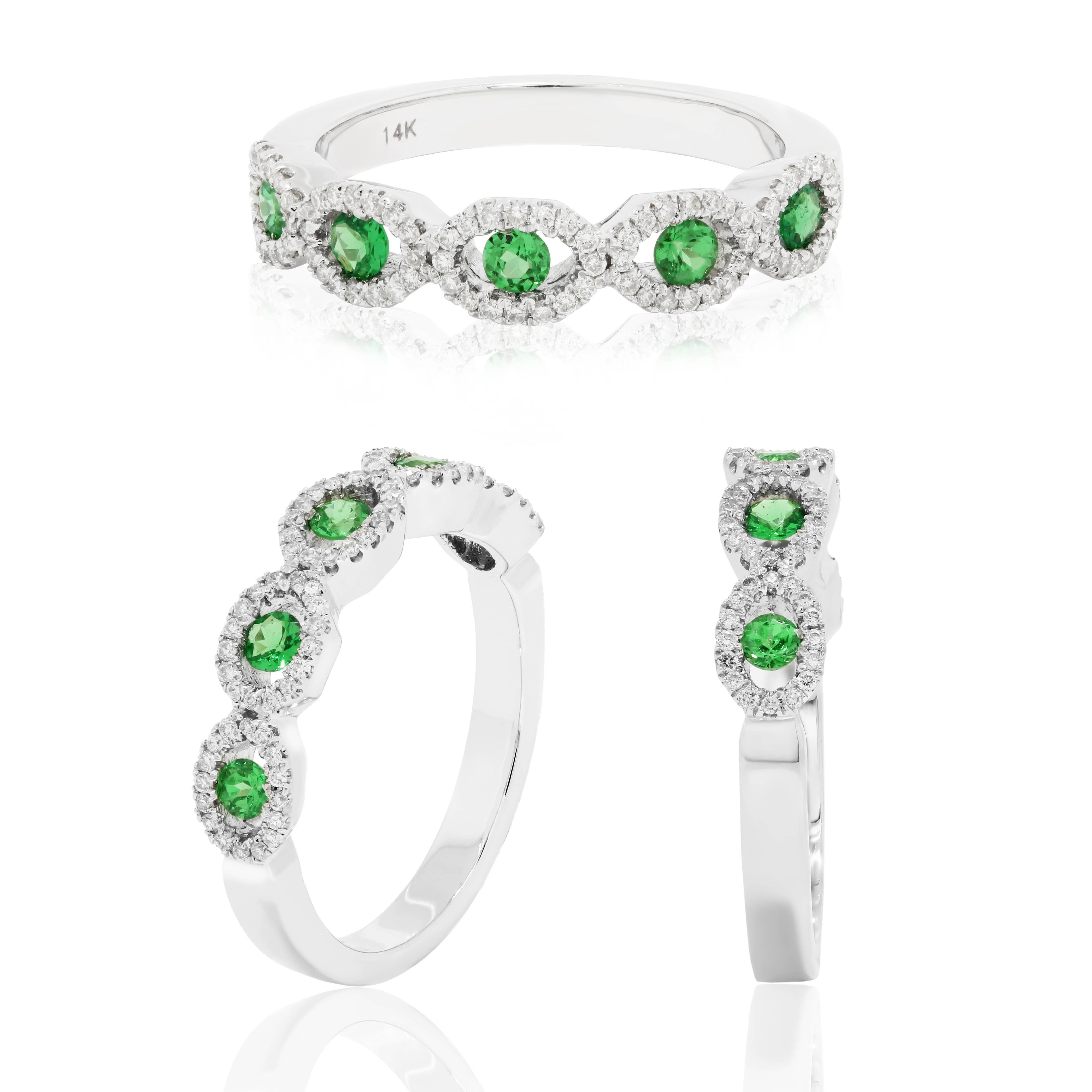 Round Cut Tsavorite Garnet Diamond Gold Band Ring