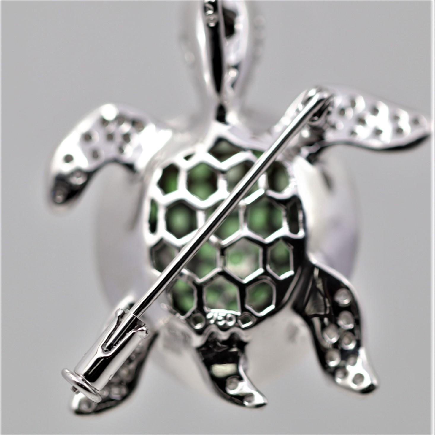 Round Cut Tsavorite Garnet Diamond Gold Turtle Pendant Pin Brooch For Sale