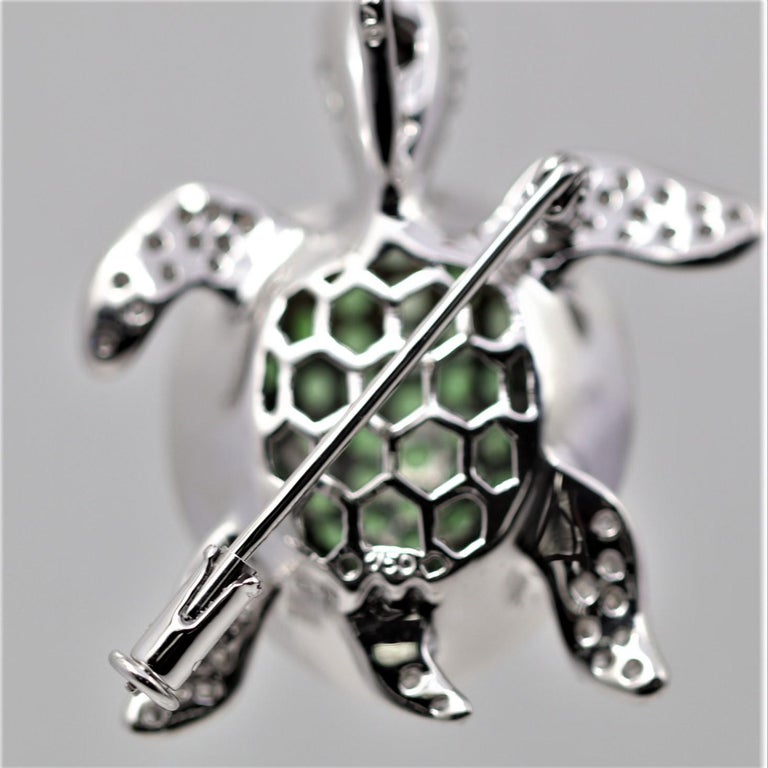 Women's or Men's Tsavorite Garnet Diamond Gold Turtle Pendant Pin Brooch For Sale