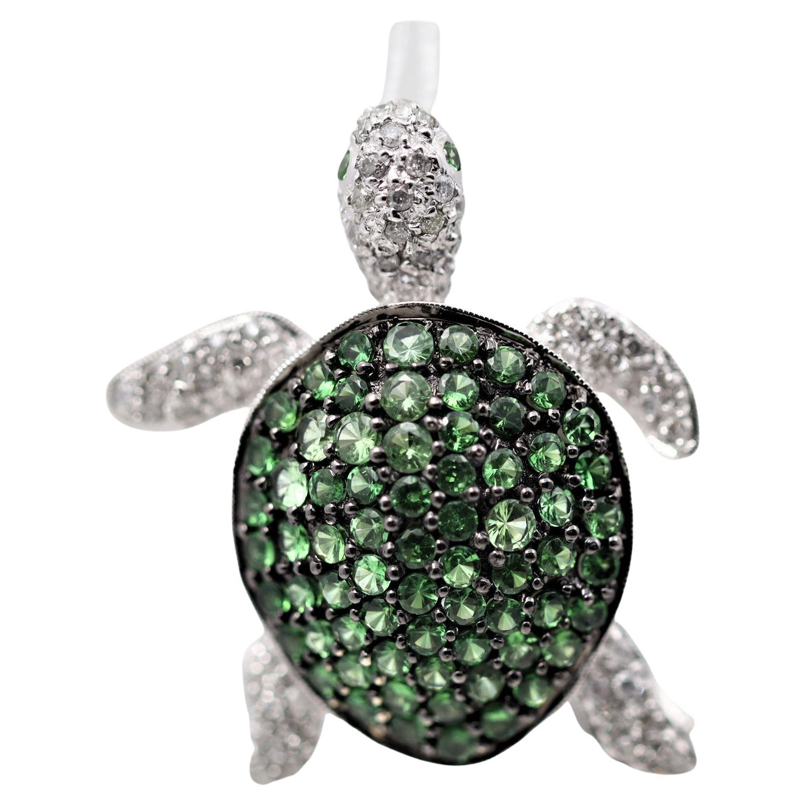 Broche pendentif tortue en or, tsavorite, grenat, diamant et épingle