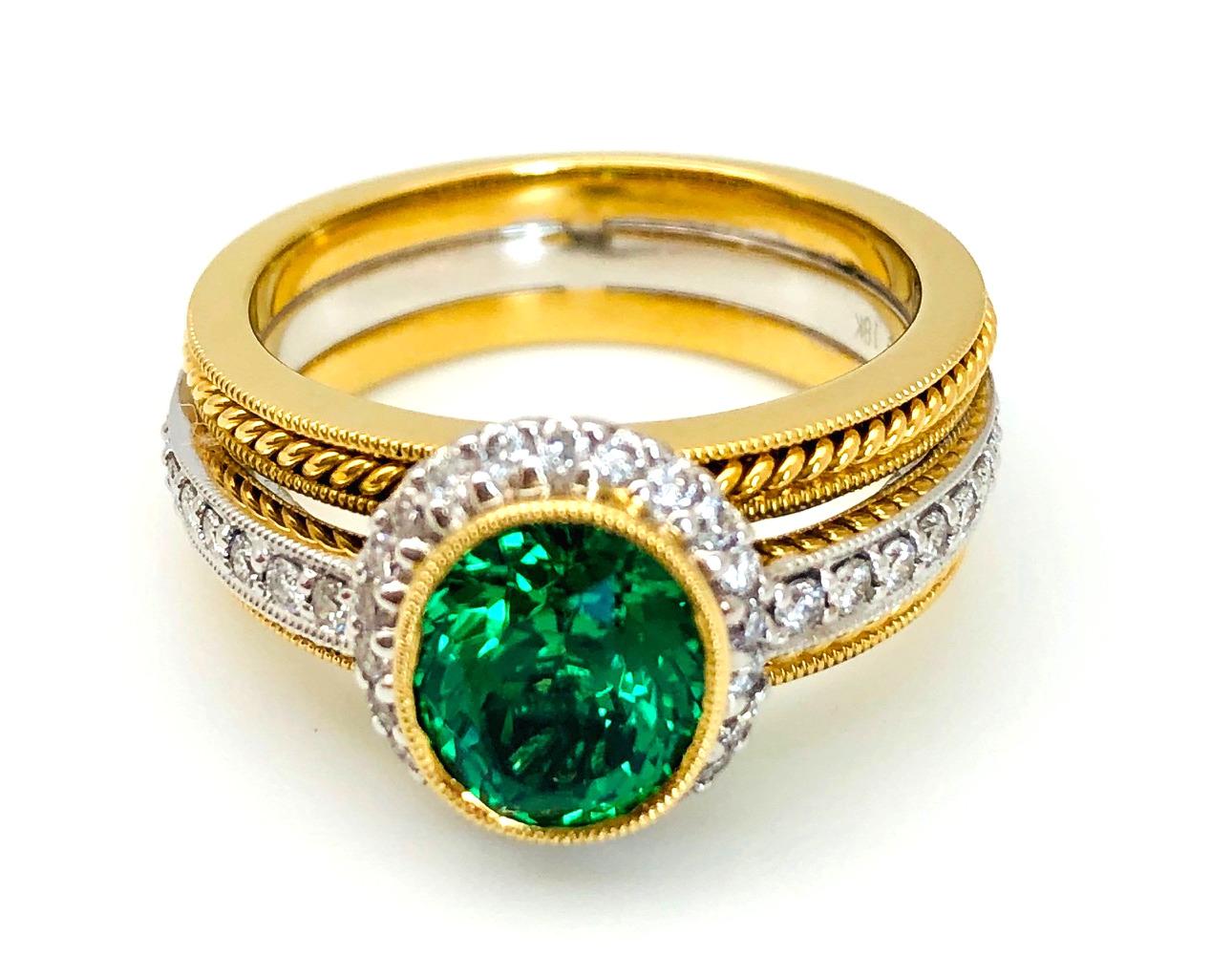Oval Cut Tsavorite Garnet & Diamond Halo Engagement Ring in 18k Gold, 2.38 Carats For Sale