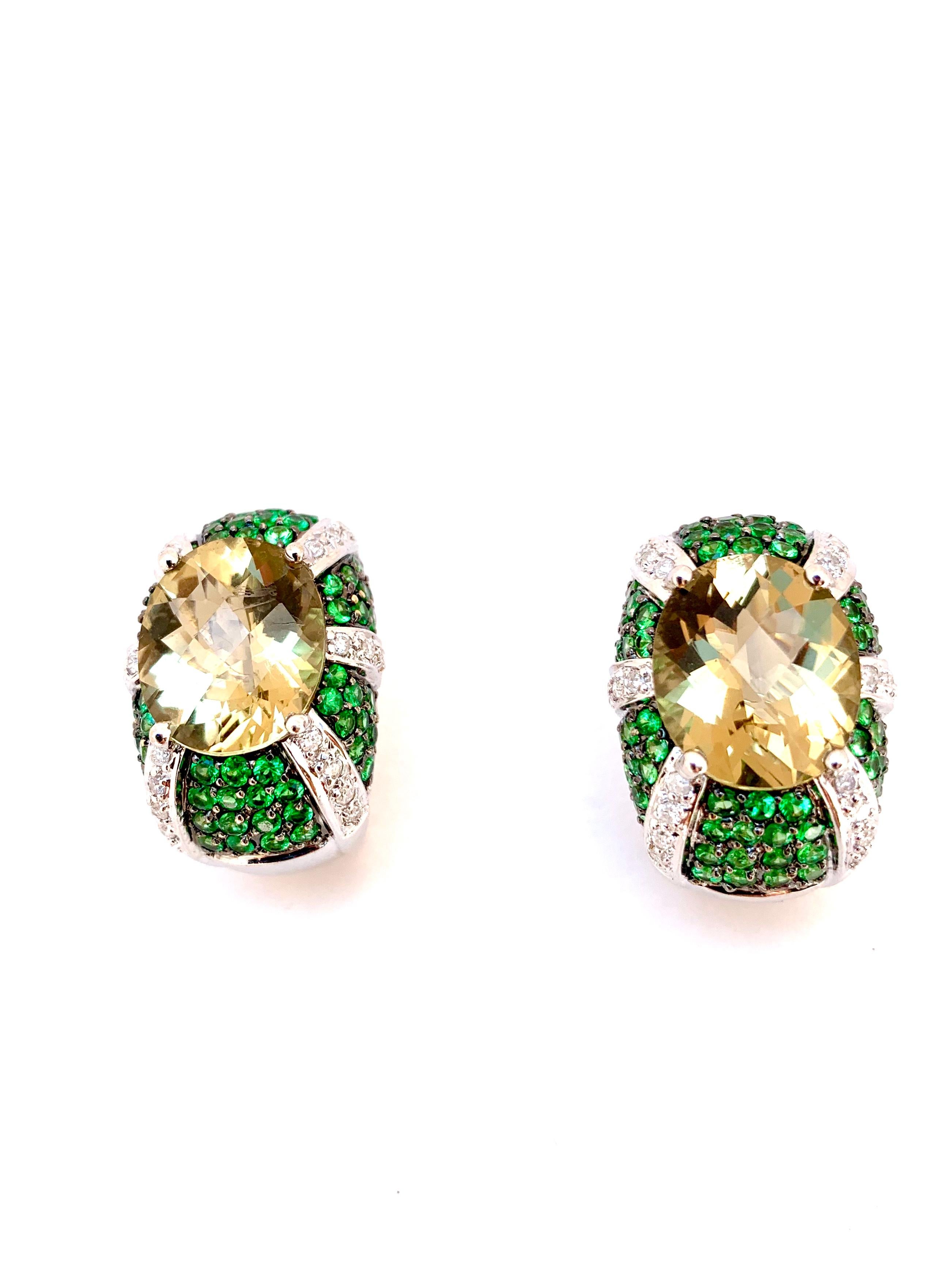 Contemporary Art Deco Style Tsavorite Garnet Diamond Quartz 14K White Gold Flower Earrings For Sale