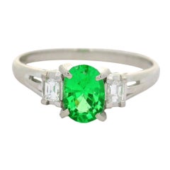 Tsavorite Garnet Diamond Platinum Three-Stone Ring