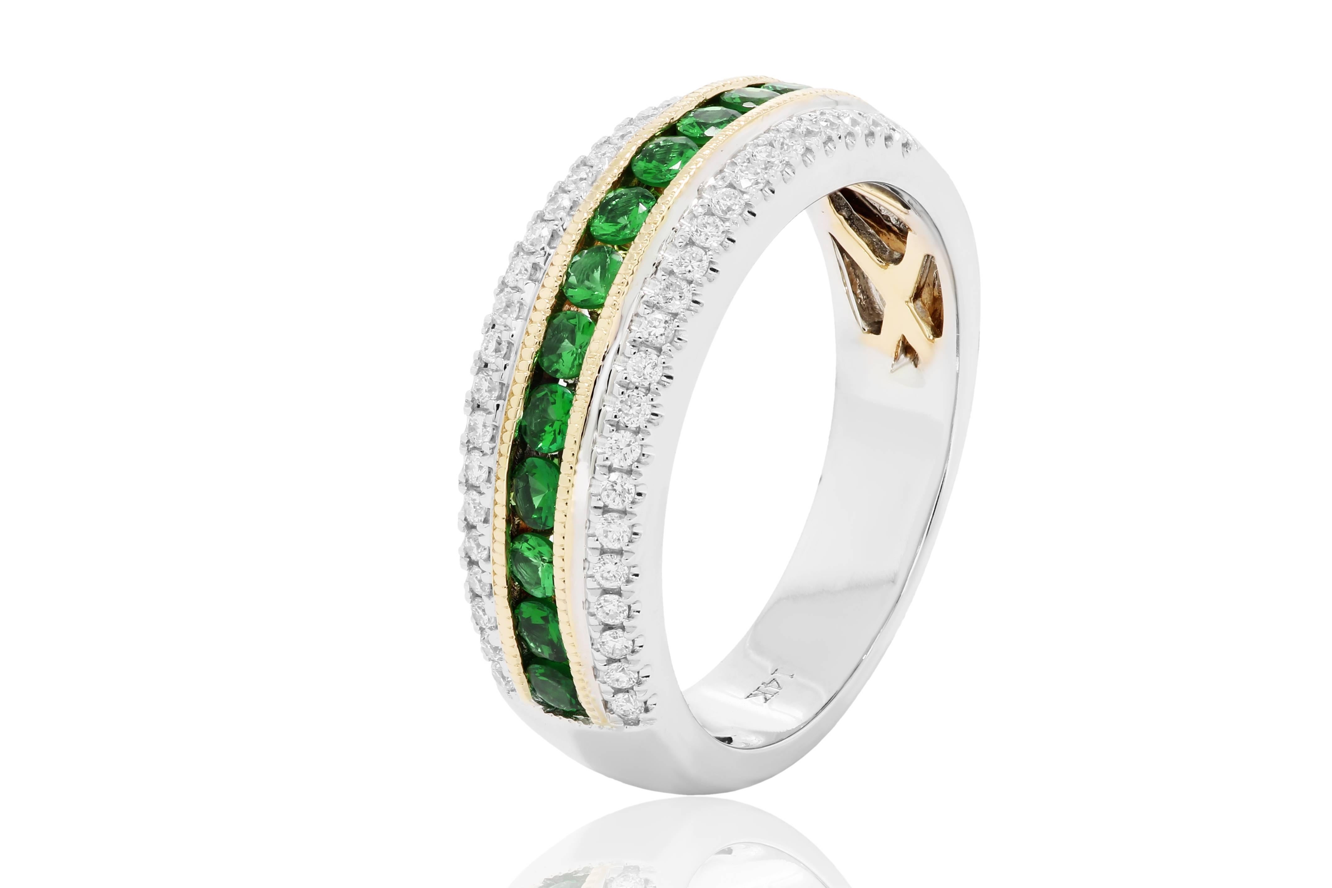 13 Tsavorite Garnet Rounds 0.50 Carat Set in Channel Flanked by Two Row of Diamonds 0.23 Carat in 14K White and Yellow Gold Cocktail Fashion Band Ring .

Tsavorite Round Weight 0.50 Carat
Total Stone Weight  0.73 Carat