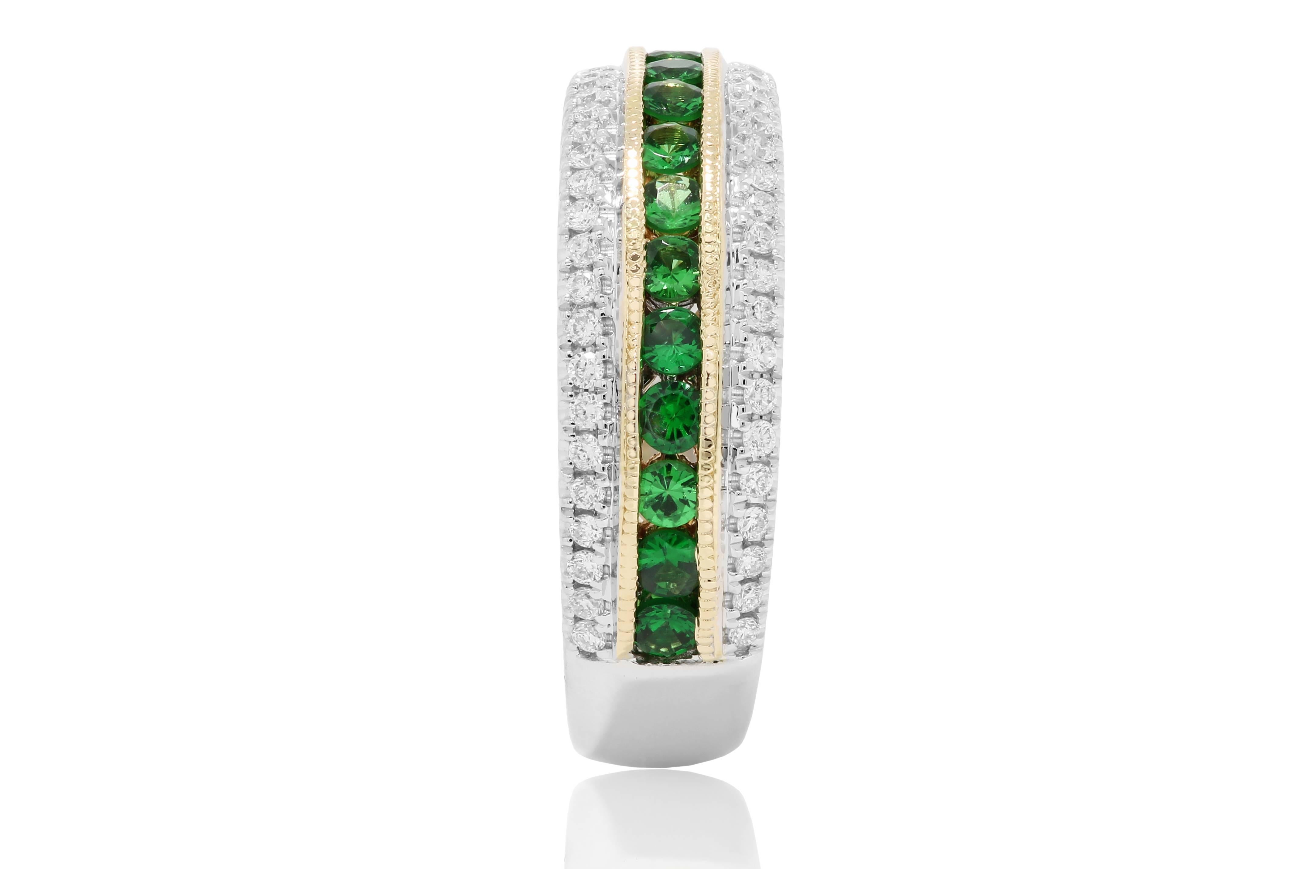 Modern Tsavorite Garnet Diamond Three-Row Two-Color Gold Fashion Cocktail Band Ring