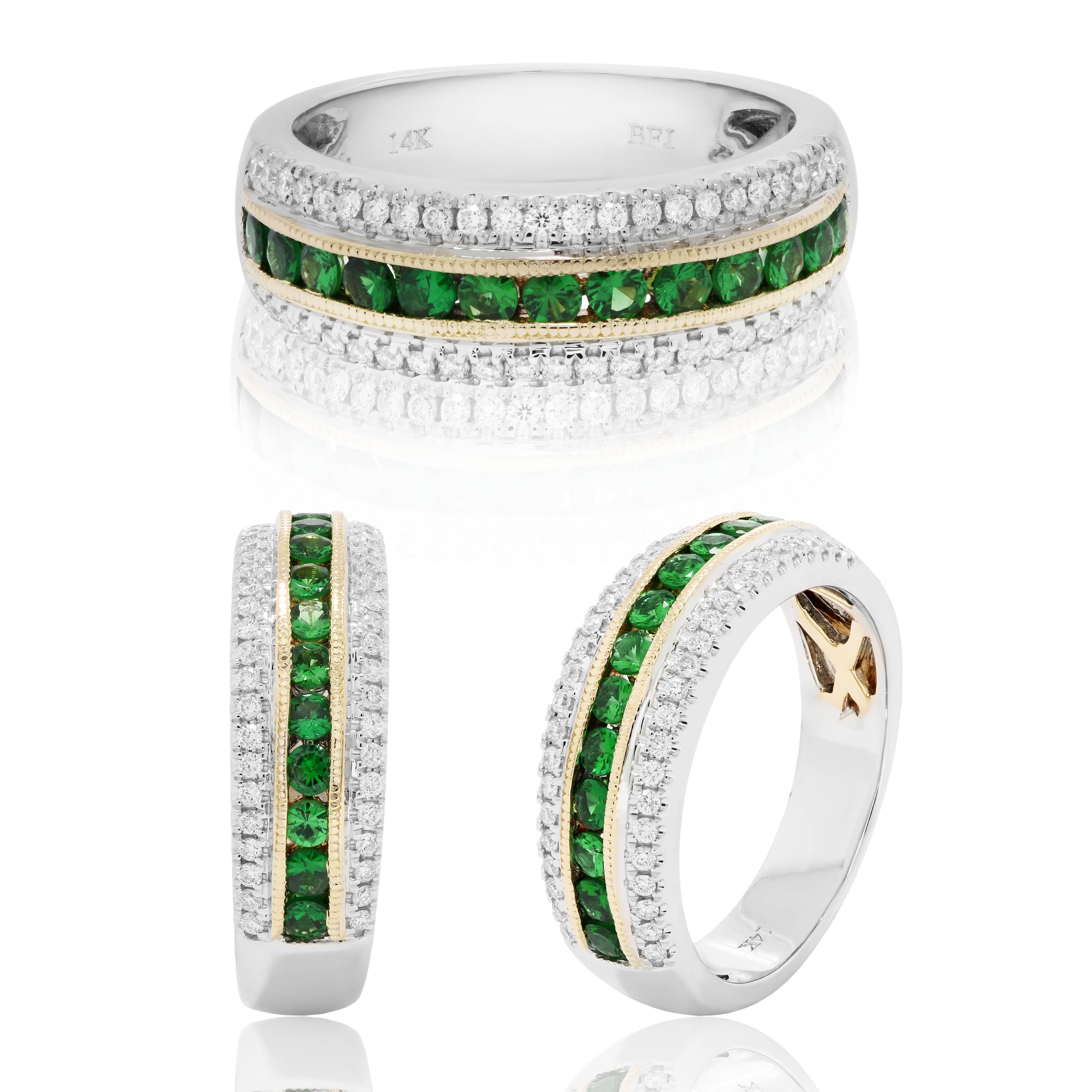 Round Cut Tsavorite Garnet Diamond Three-Row Two-Color Gold Fashion Cocktail Band Ring