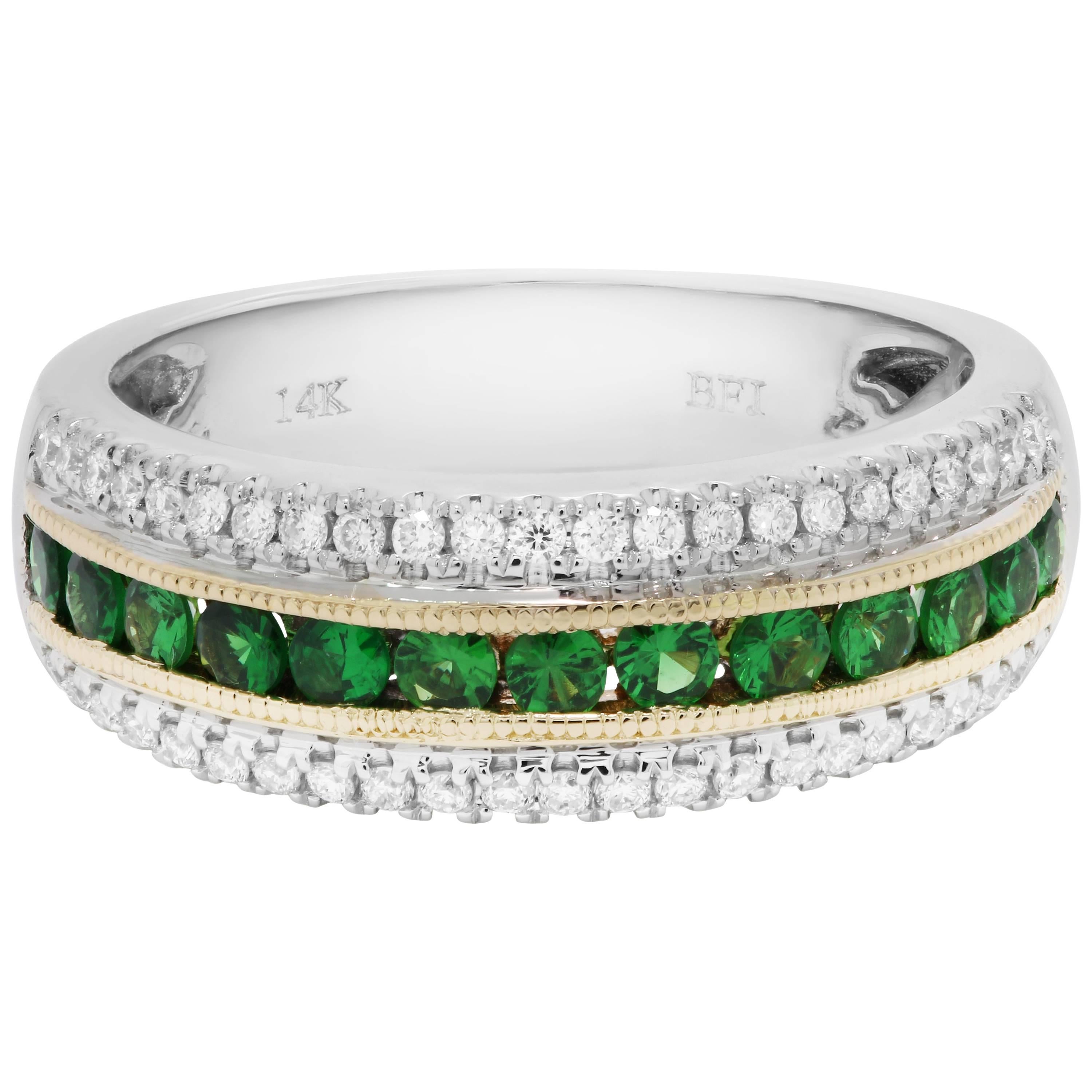 Tsavorite Garnet Diamond Three-Row Two-Color Gold Fashion Cocktail Band Ring