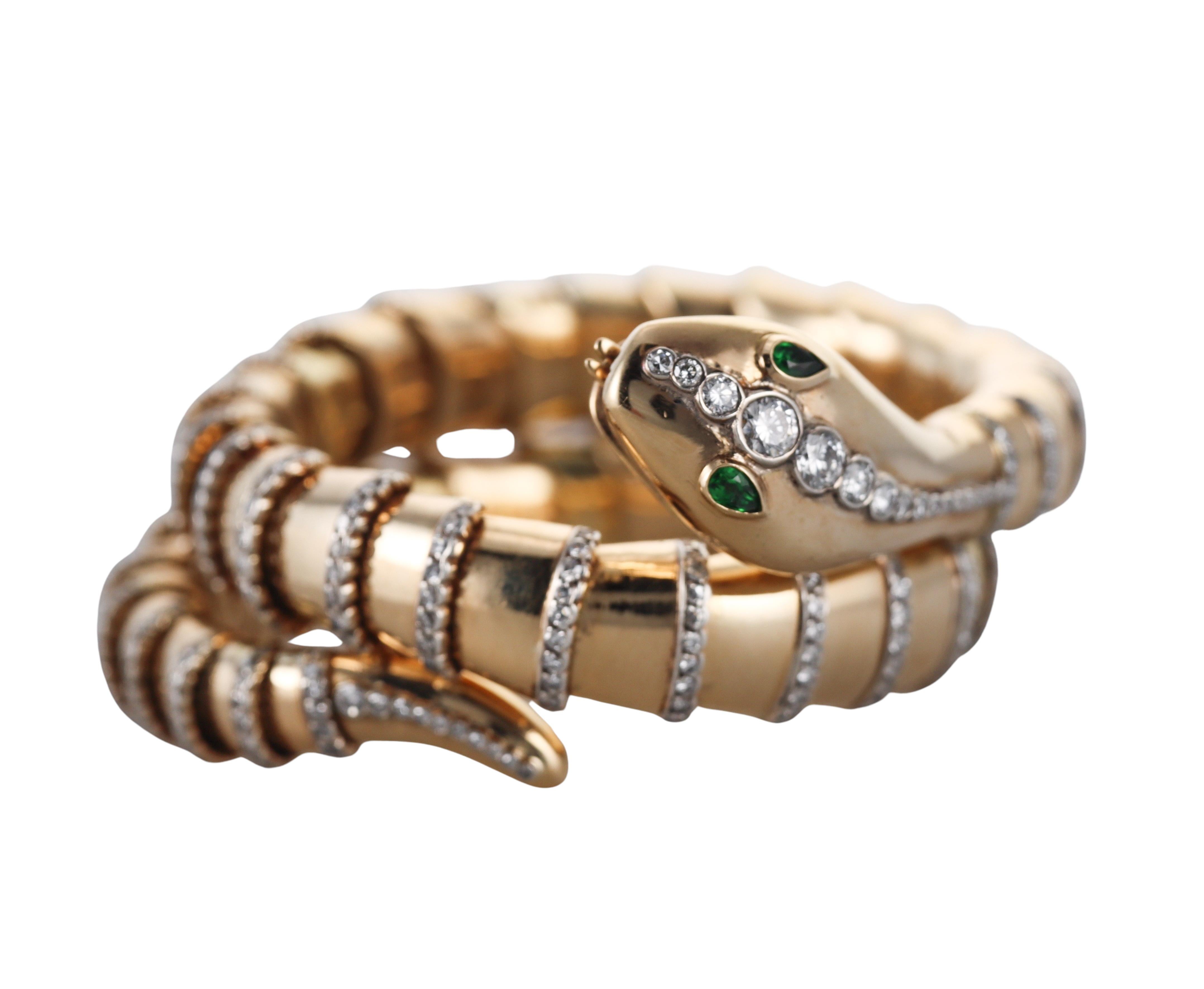 Tsavorit Granat Diamant Gelbgold Schlangen-Wickelarmband Damen im Angebot