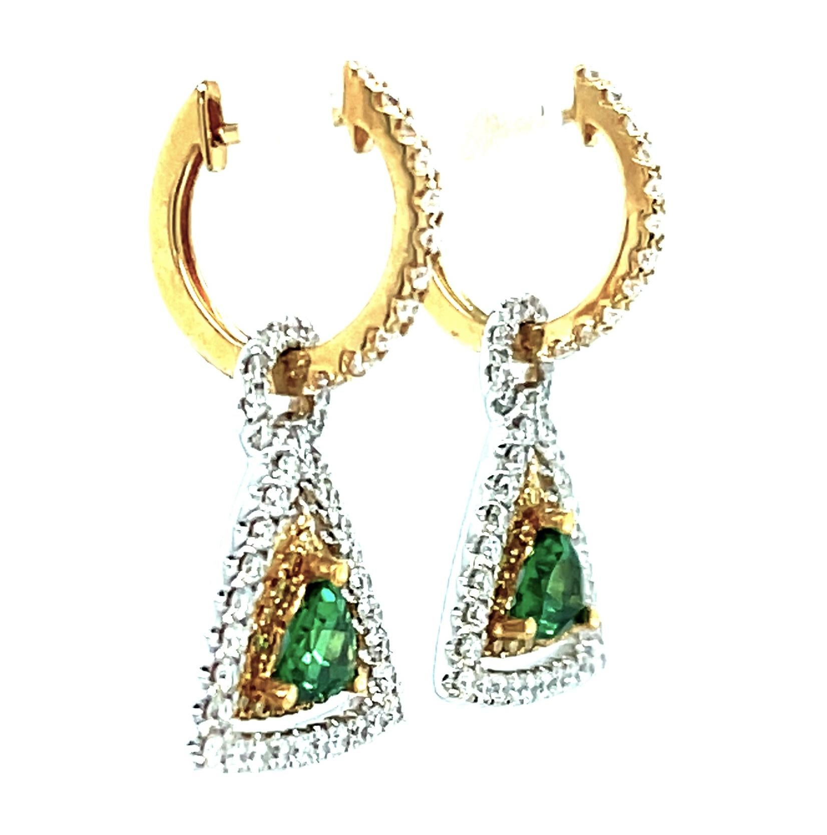 Artisan Tsavorite Garnet, Diamond, and Yellow Sapphire Dangle Earrings in 18k Gold   For Sale
