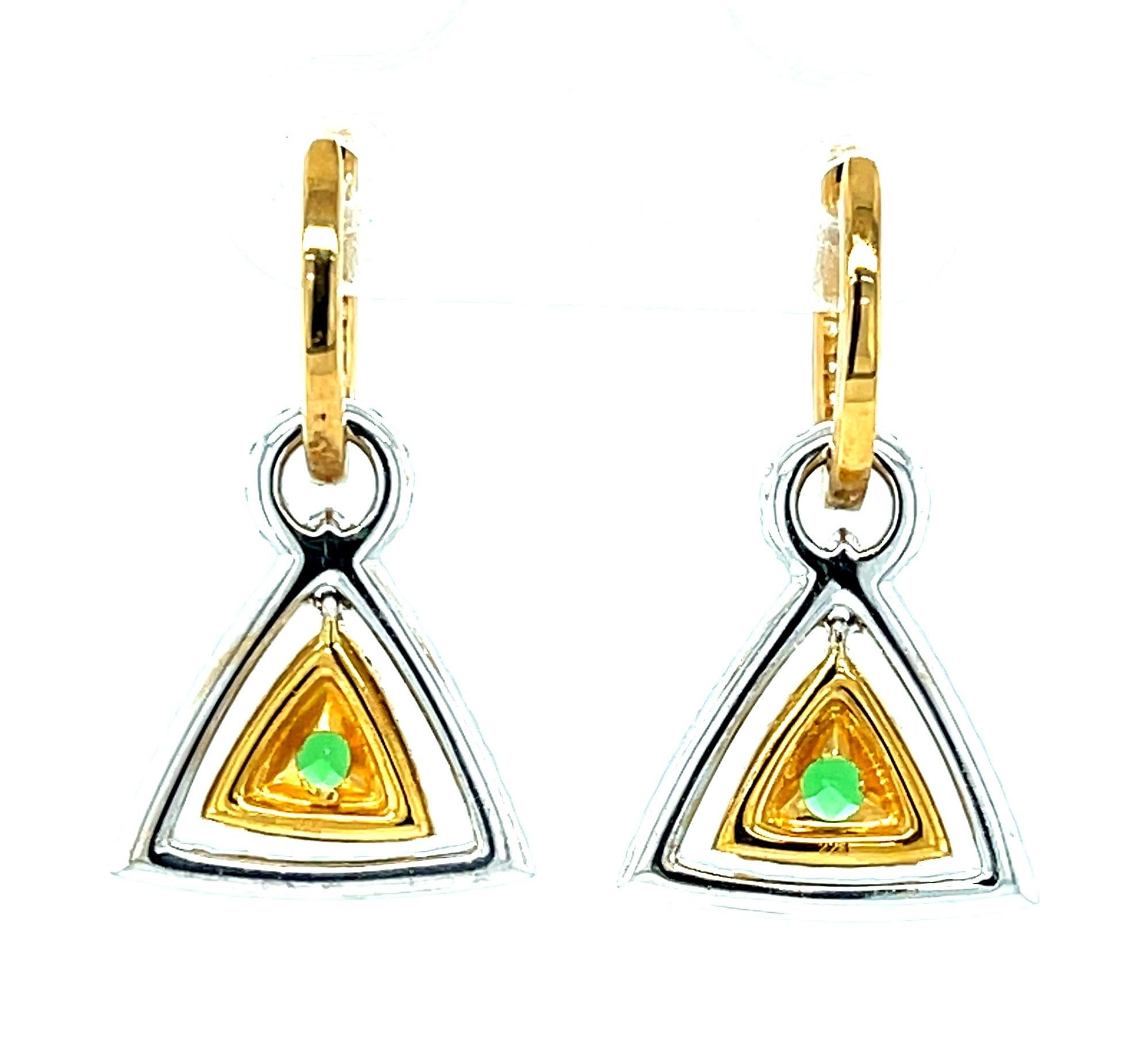 Tsavorite Garnet, Diamond, and Yellow Sapphire Dangle Earrings in 18k Gold   For Sale 1