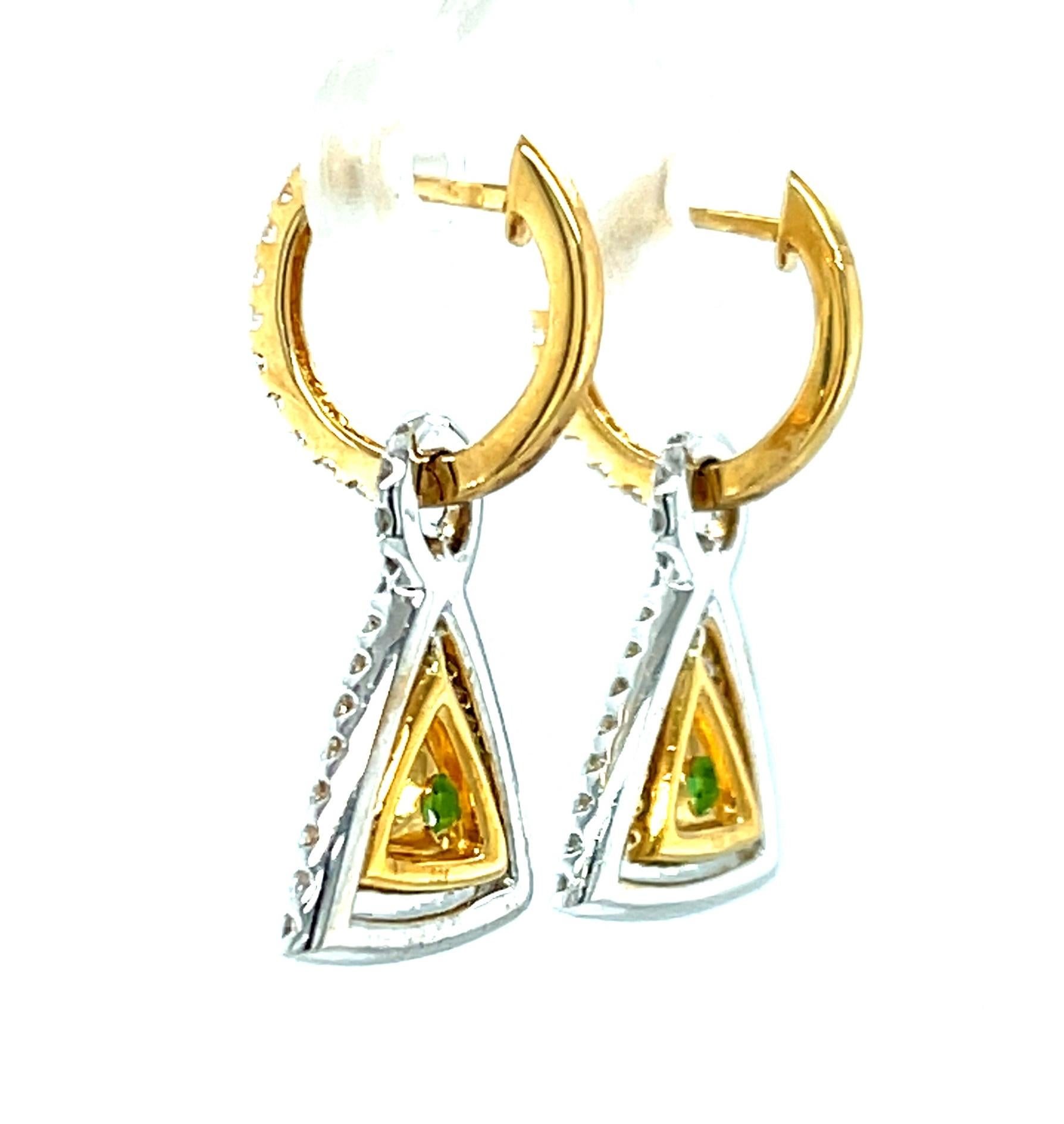 Tsavorite Garnet, Diamond, and Yellow Sapphire Dangle Earrings in 18k Gold   For Sale 2