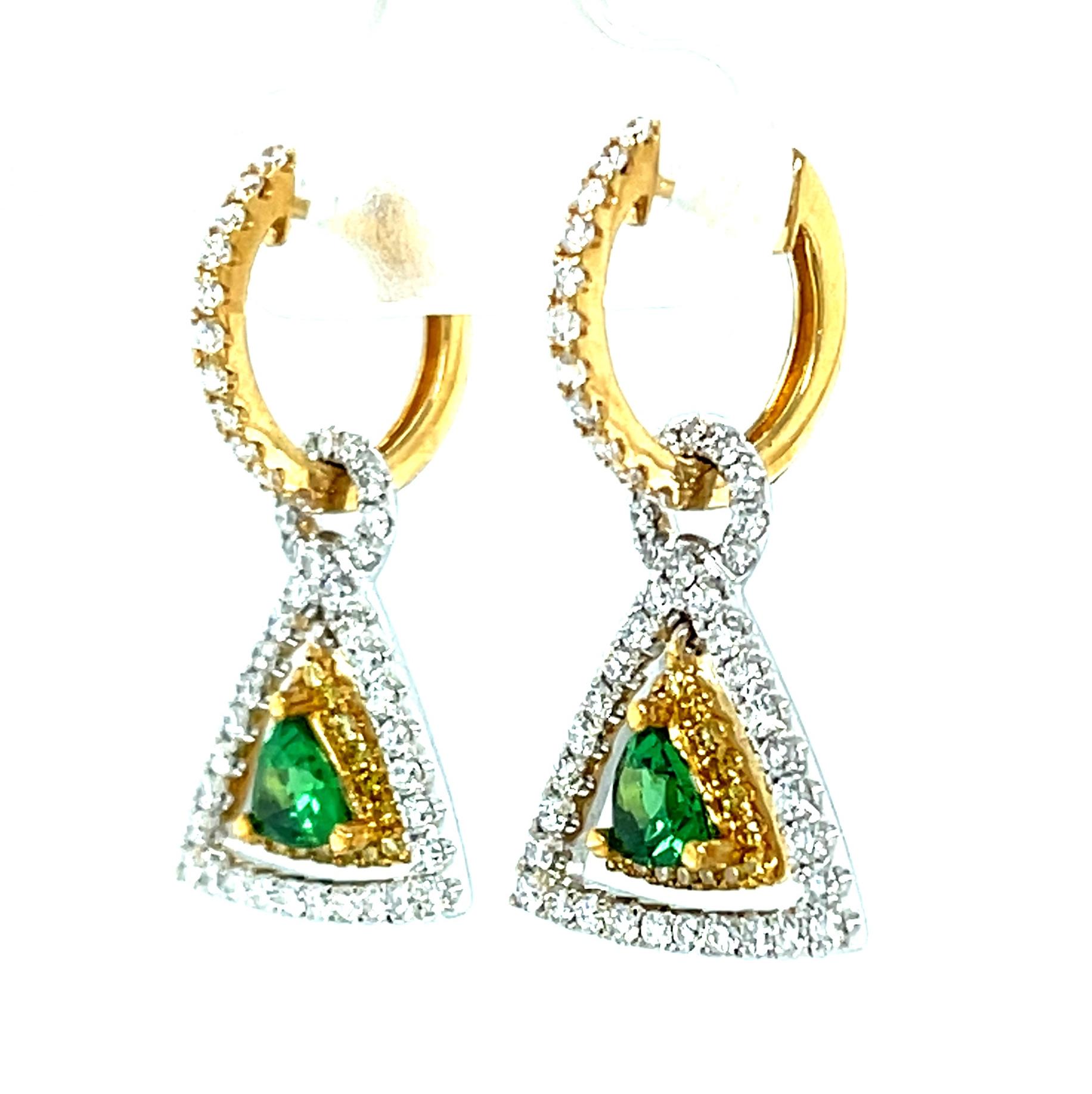 Tsavorite Garnet, Diamond, and Yellow Sapphire Dangle Earrings in 18k Gold   For Sale 2